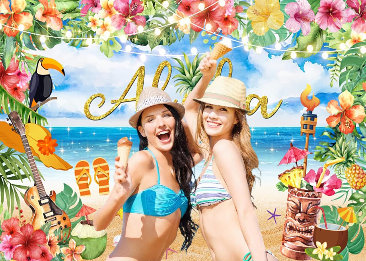 3.6x3m Telón de Fondo Playa Verano Tropical Hojas de Palma Flores Flamingo Fotografía Fondo Boda Baby Shower Cumpleaños Hawaiano Aloha Luau Fiesta Decoraciones Banner Photo Booth Props