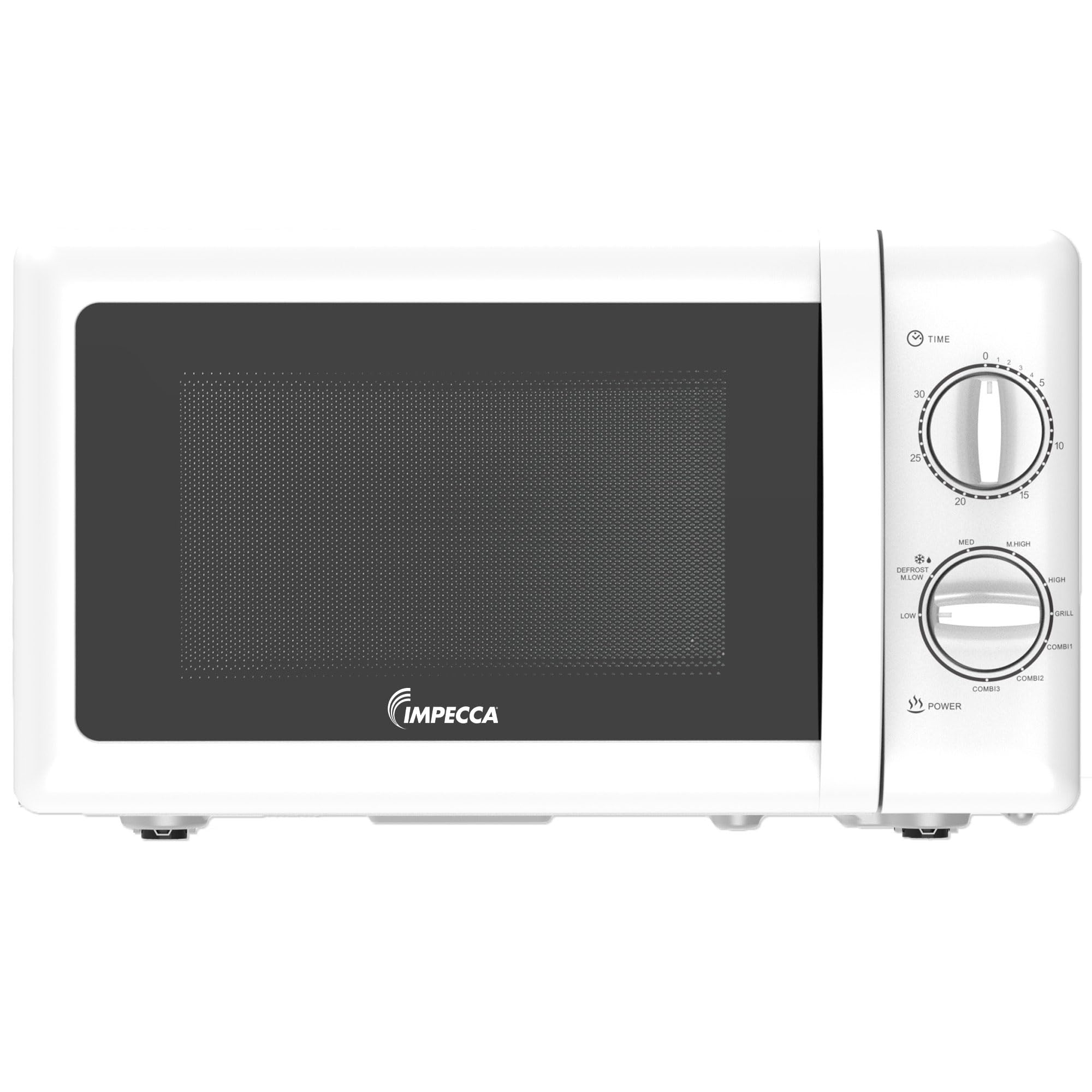 IMPECCA Countertop Microwave Oven Retro Mechanical Dials 5 Modes Timer Defrost 0.7 Cu 700W 9.65” Turntable Easy Clean