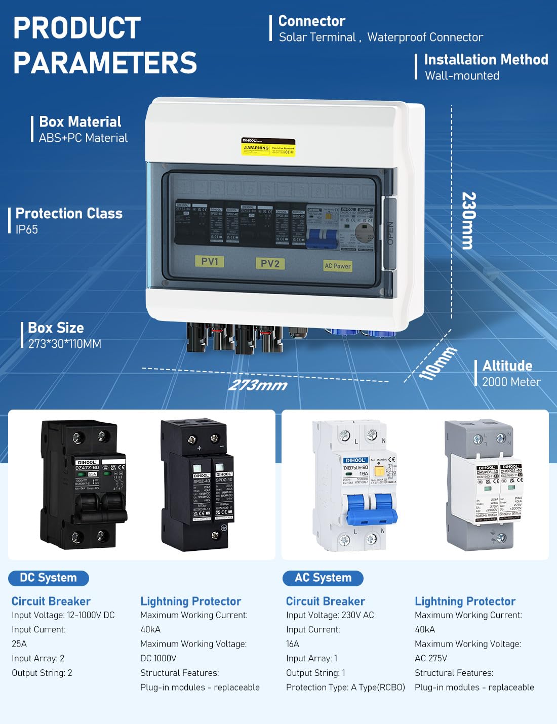 DIHOOL Disjoncteur DC protection contre les surtensions système photovoltaïque 2 chaînes 1000V 25A 2x500W boîte de jonction solaire avec protection contre les surtensions AC