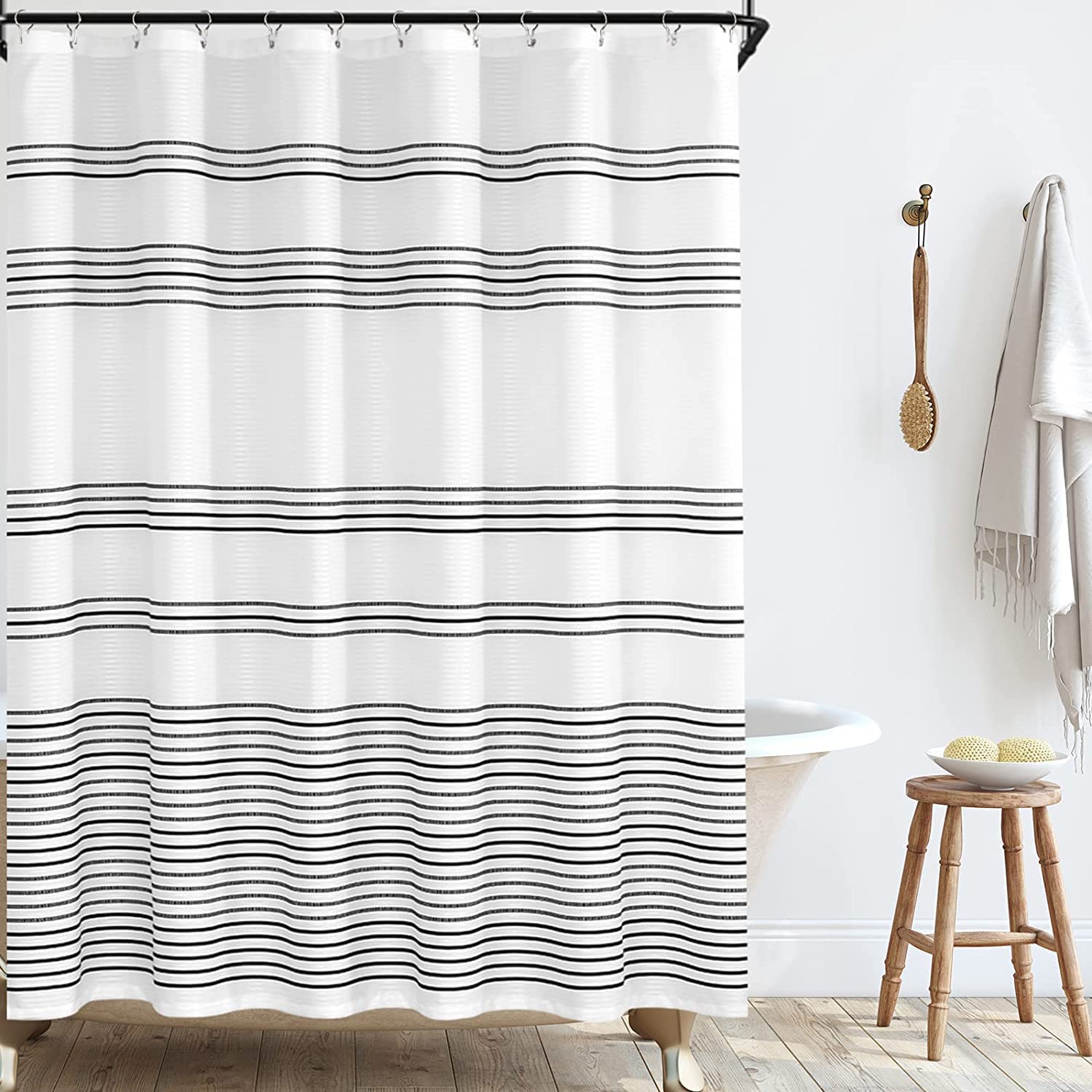 Shower Curtain, Fabric Shower Curtain for Bathroom, Modern Black Striped Shower Curtain, Water Repellent in Bath 180 x 180 cm Long Shower Curtains Set with Curtain Hooks
