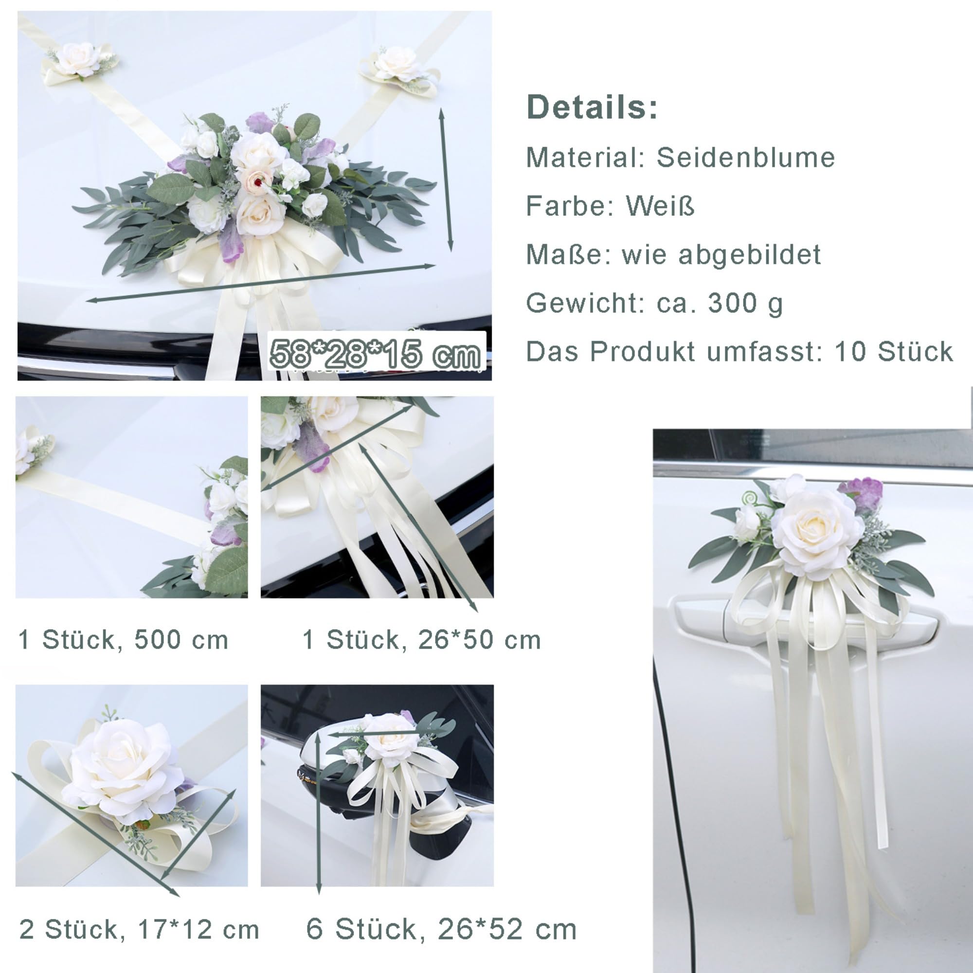 10 Stück Autoschmuck Hochzeit, Auto Hochzeitsschmuck mit Saugnapf, Weiß Auto Verschönert Rückspiegel Türgriff Motorhaube Hochzeitsdeko für Brautauto