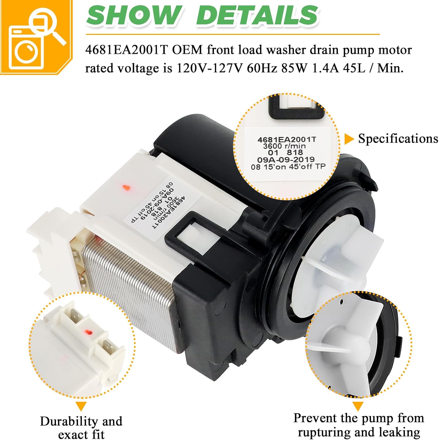 Upgraded 4681EA2001T Washer Drain Pump Motor & DC31-00178A PX3516-01 Washer Drain Pump Motor