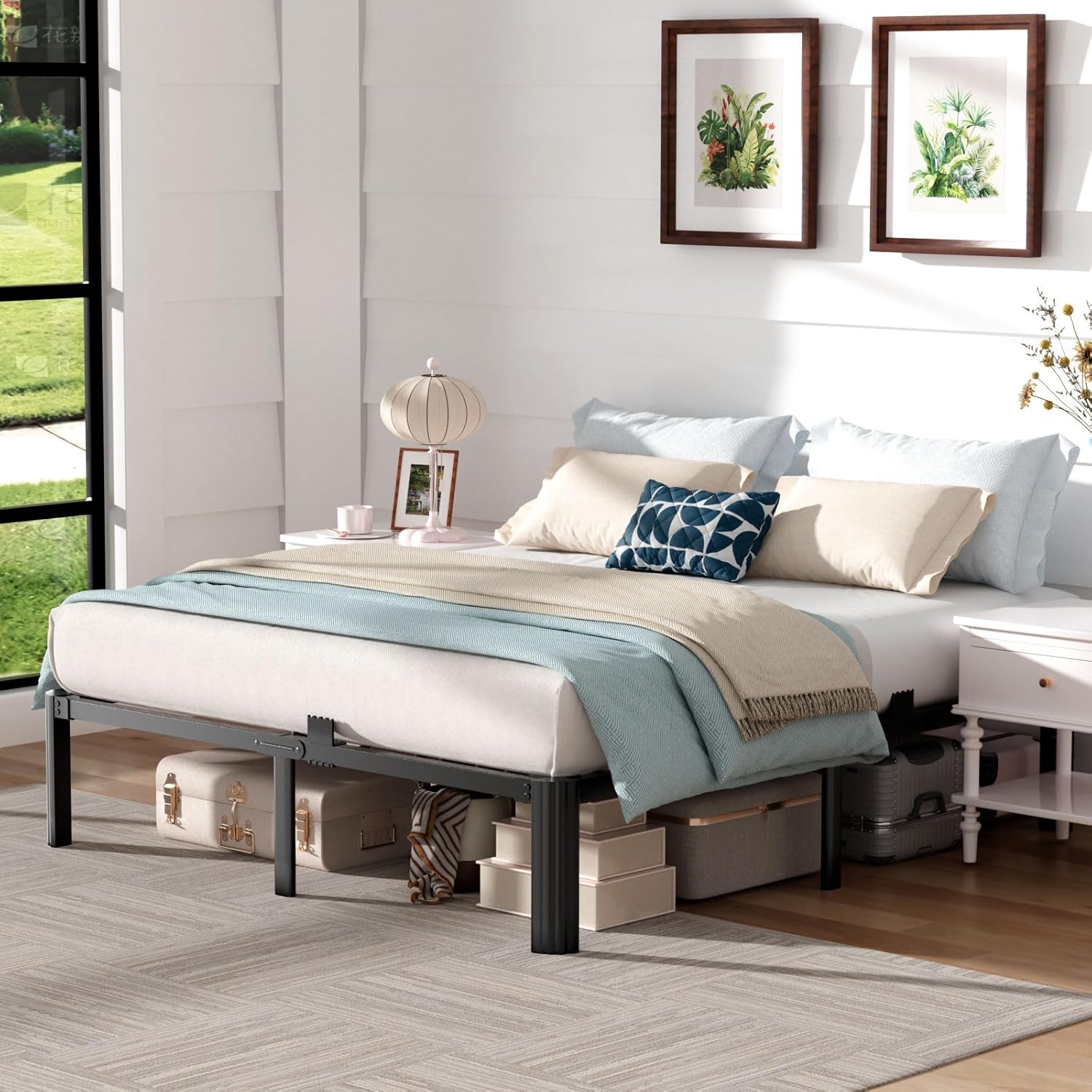 King Size Bed Frame,14 Inch 3500LBS Heavy Duty Noise-Free Metal Platform with Mattress Stoppers Retainers,Headboard Compatible,No Box Spring Needed,Easy Assembly, Round Feet