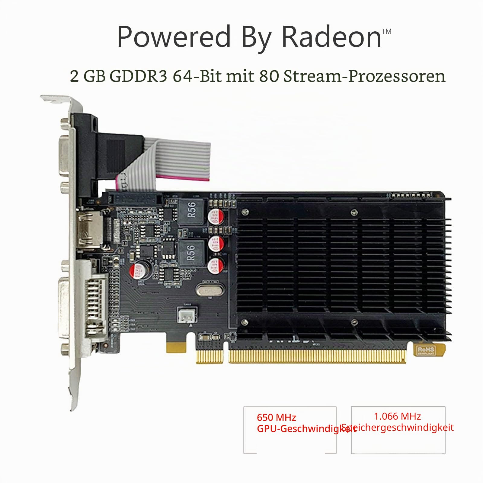 QTHREE Radeon HD 5450 Grafikkarte, 2 GB, GDDR3, 64 Bit, DVI HDMI VGA, Low Profile, PCI Express x16, Grafikkarte für PC, GPU, DirectX 11, unterstützt 2 Monitore