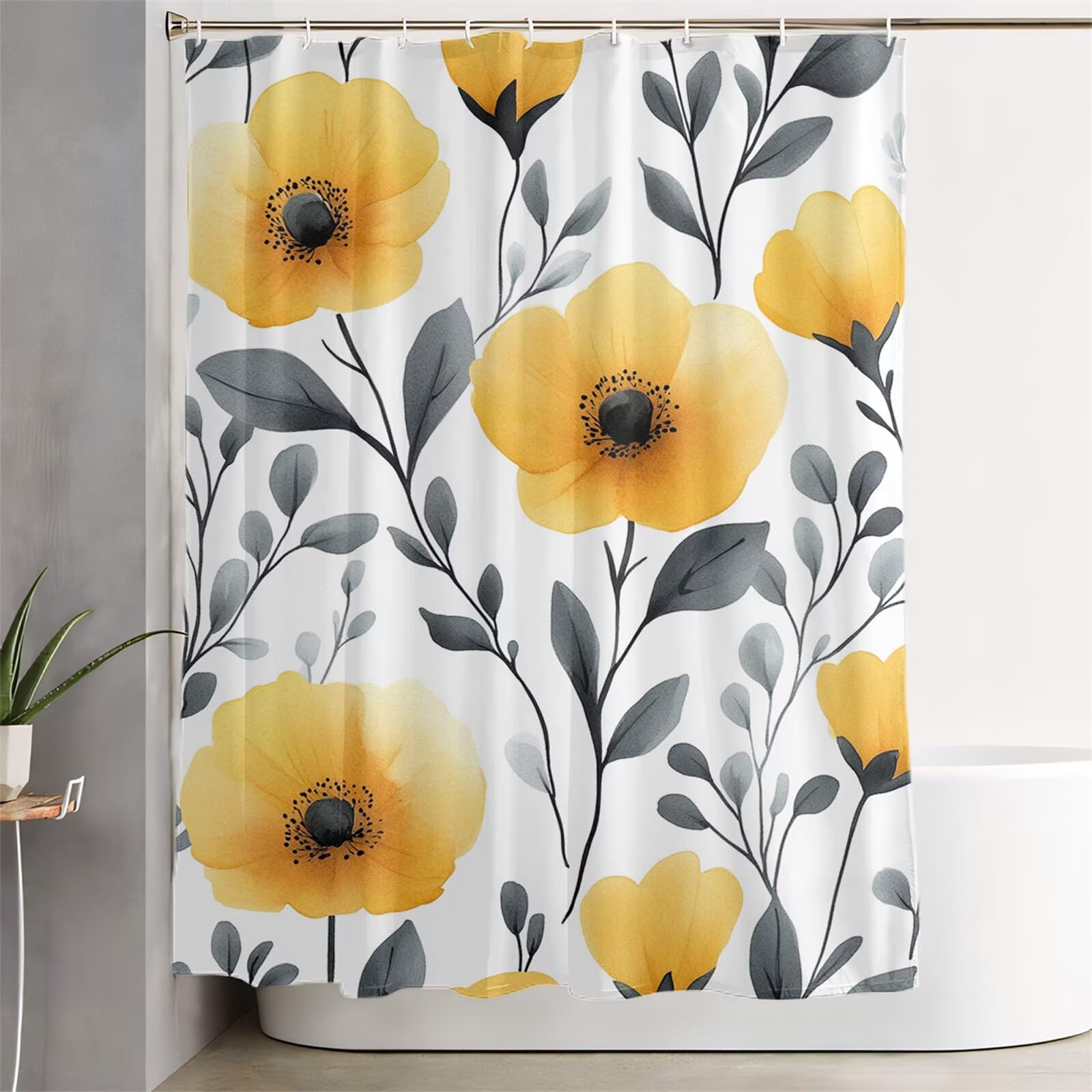 Żółta zasłona prysznicowa 240 x 200 cm, bardzo długa zasłona prysznicowa do łazienki, kwiaty, wodoodporna zasłona na drzwi z haczykami i obciążonym obszyciem, nadaje się do prania, szybkoschnąca, na