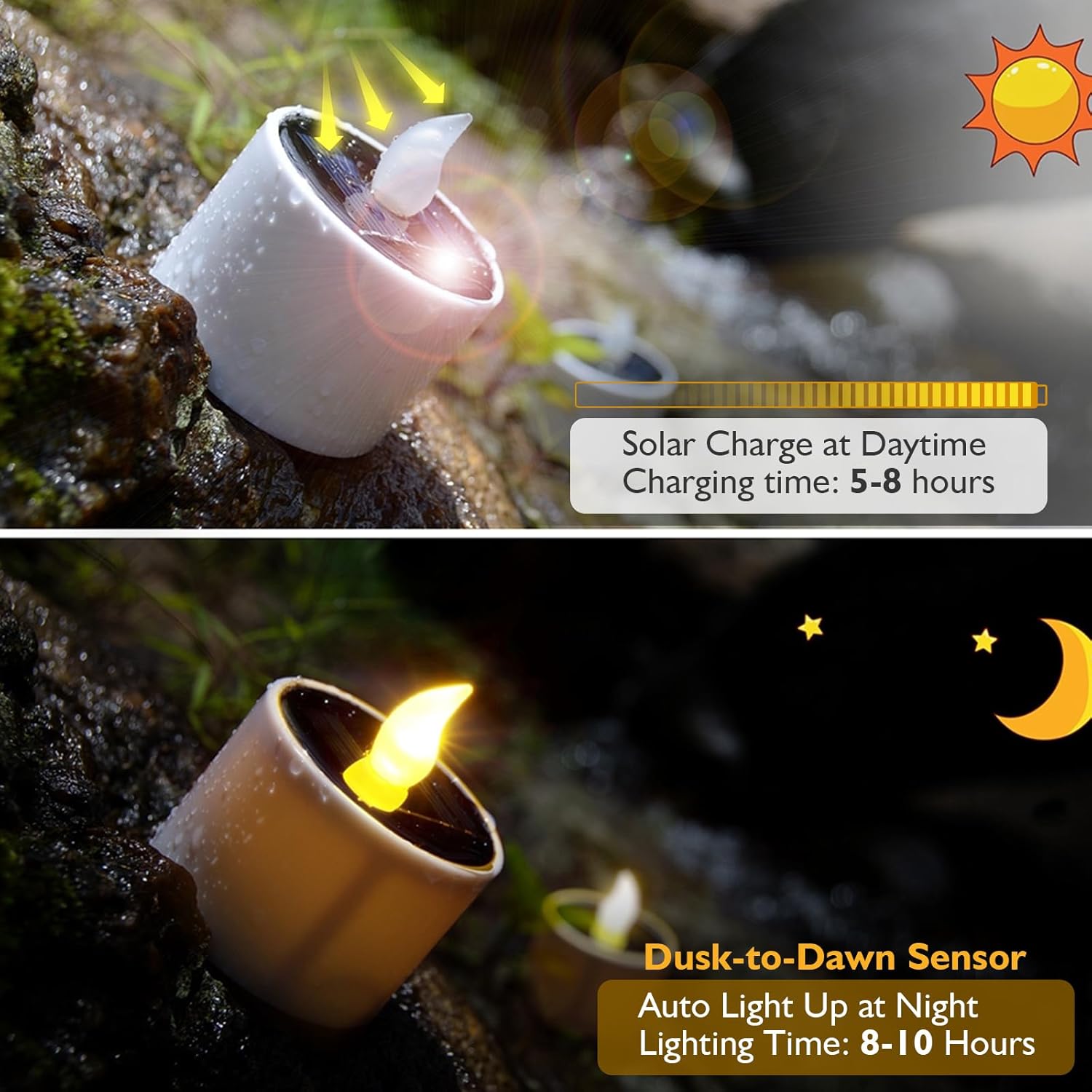PChero Solar Candles Outdoor Waterproof, Pack of 6 LED Flameless Solar Tea Lights Candles with Dusk to Dawn Sensor for Fairy Garden Decor, Patio Tables, Christmas Lanterns, Windows, 2.3" x 2"