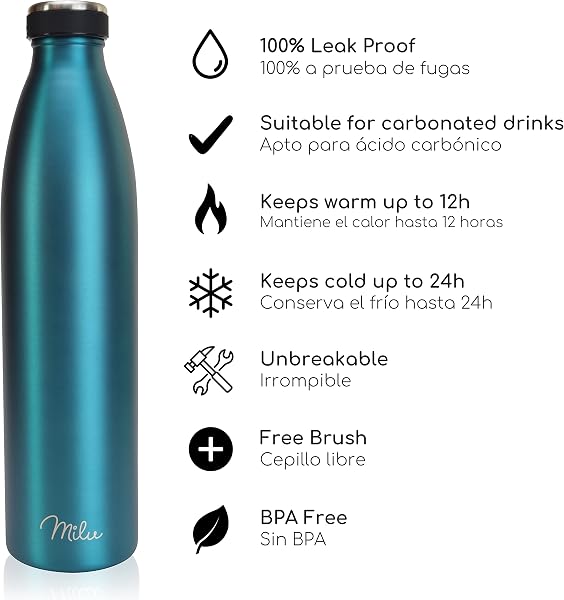Milu Botella de acero inoxidable de 350ml 500ml 750 ml 1 L 1,5 L botella de agua aislada, termo a prueba de fugas, doble pared, apta para ácido carbónico + cepillo de limpieza (Verde, 1,5 L) - 2