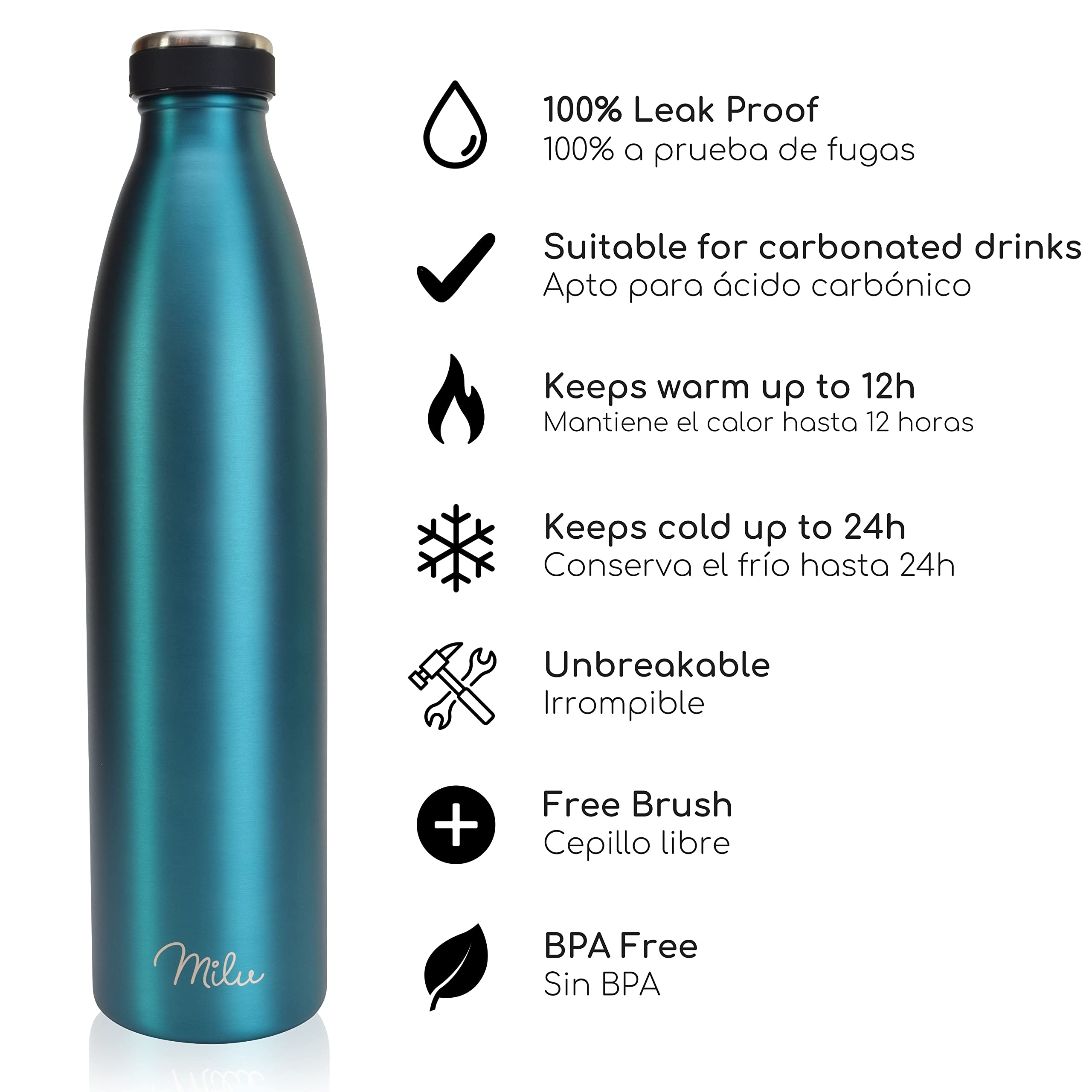 Milu Botella de acero inoxidable de 350ml 500ml 750 ml 1 L 1,5 L botella de agua aislada, termo a prueba de fugas, doble pared, apta para ácido carbónico + cepillo de limpieza (Verde, 1,5 L) - 3