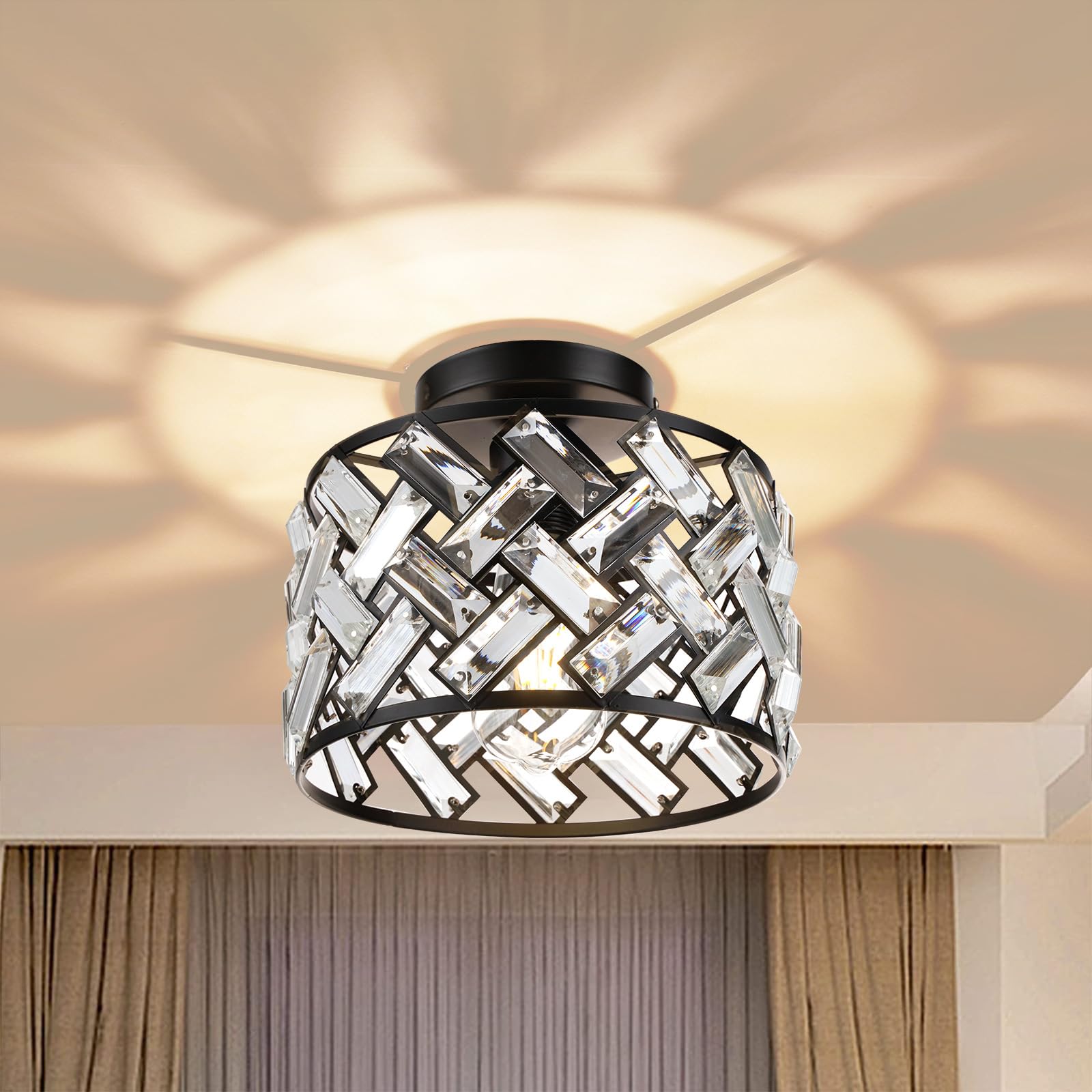 KLXSIVU Black Crystal Ceiling Light Fixture - Modern Flush Mount Chandelier for Kitchen, Bedroom, Living Room Hallway Fixtures Entryway and Porch Semi in Stylish Design