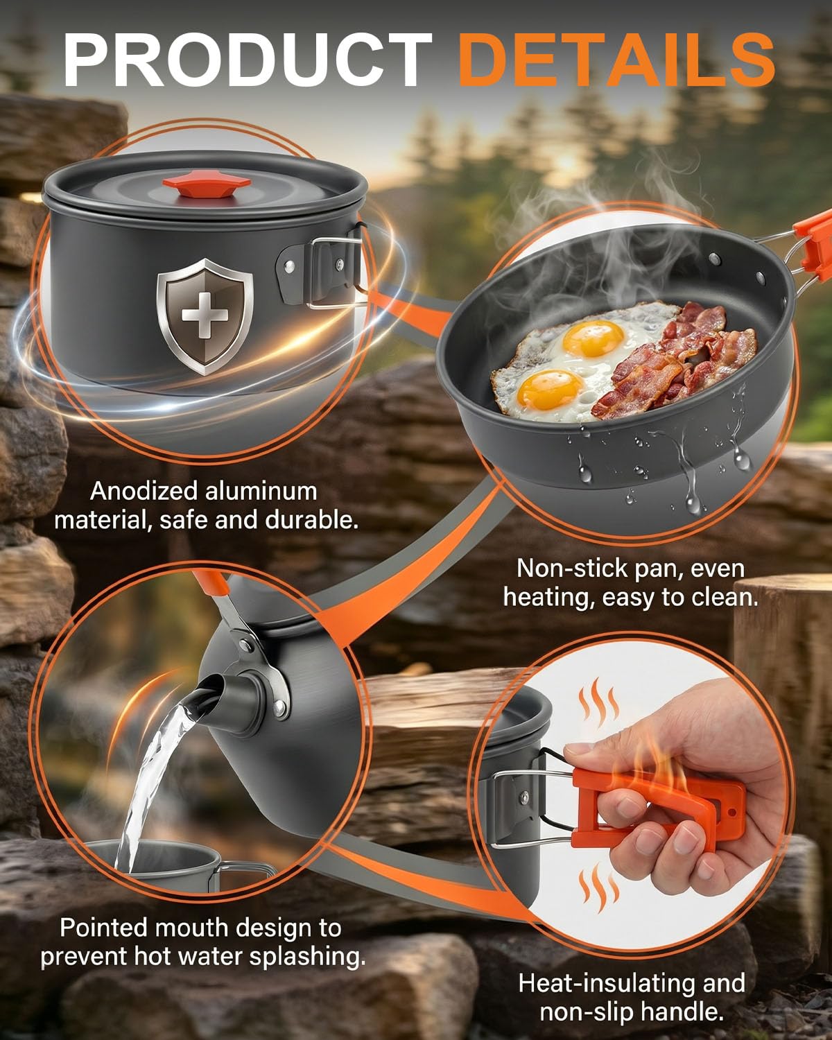 Set di pentole da campeggio per 2-3 persone, 17 pezzi, in alluminio, con bollitore, piatti, tazze e parabrezza, attrezzatura leggera da cucina per campeggio per escursioni e picnic