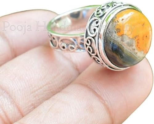Miniatura 4 de Anillos de jaspe de abejorro de abejorro, anillo de plata de ley 925, anillo hecho a mano, anillo bohemio, anillo de jaspe redondo, anillo de