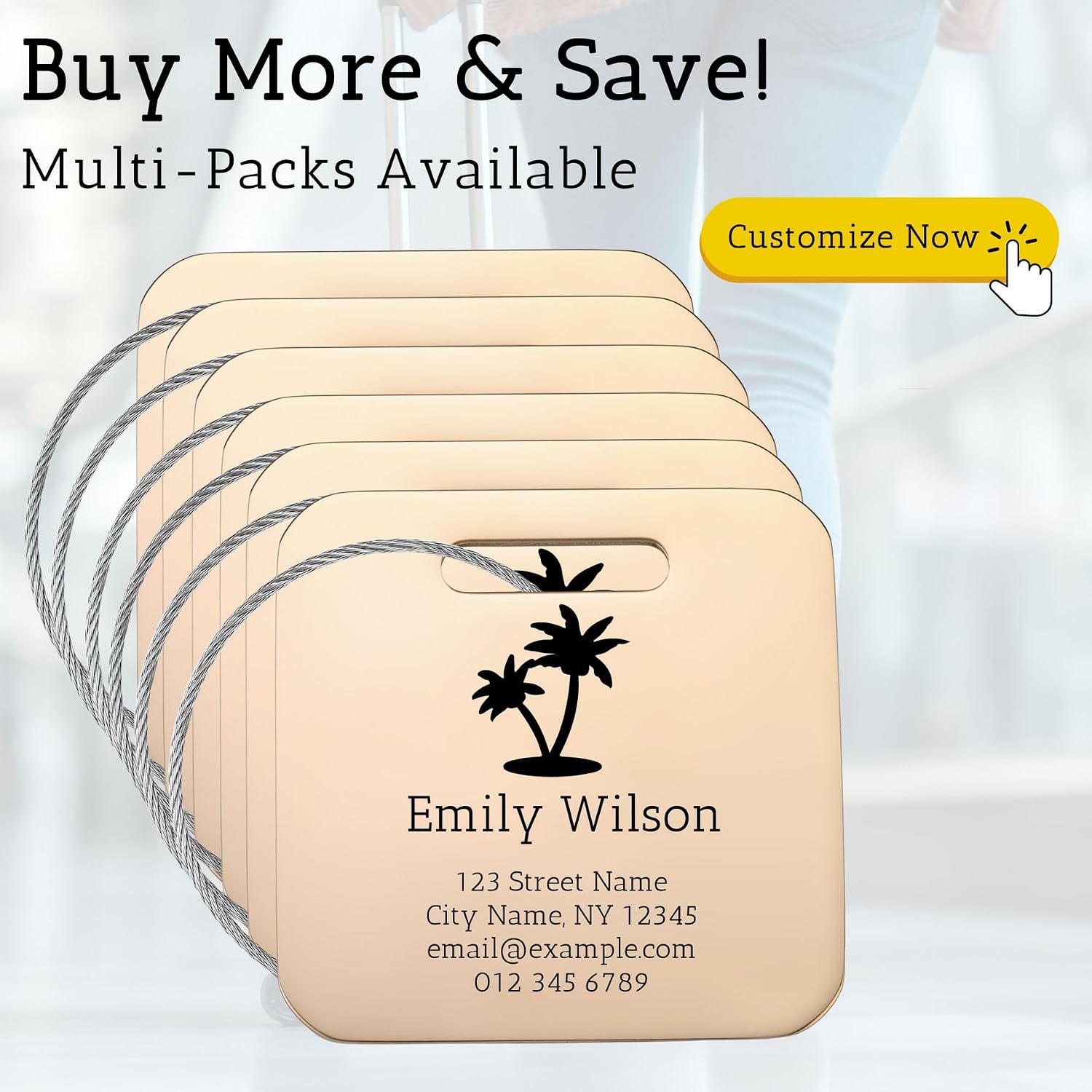 MMXX 3 Pcs Personalized Luggage Tags Custom Name Address Symbol Durable Stainless Steel Luggage Tags for Suitcases Backpack Handbag Come with 2 Types of Hanging Rings - Rose Gold image 5