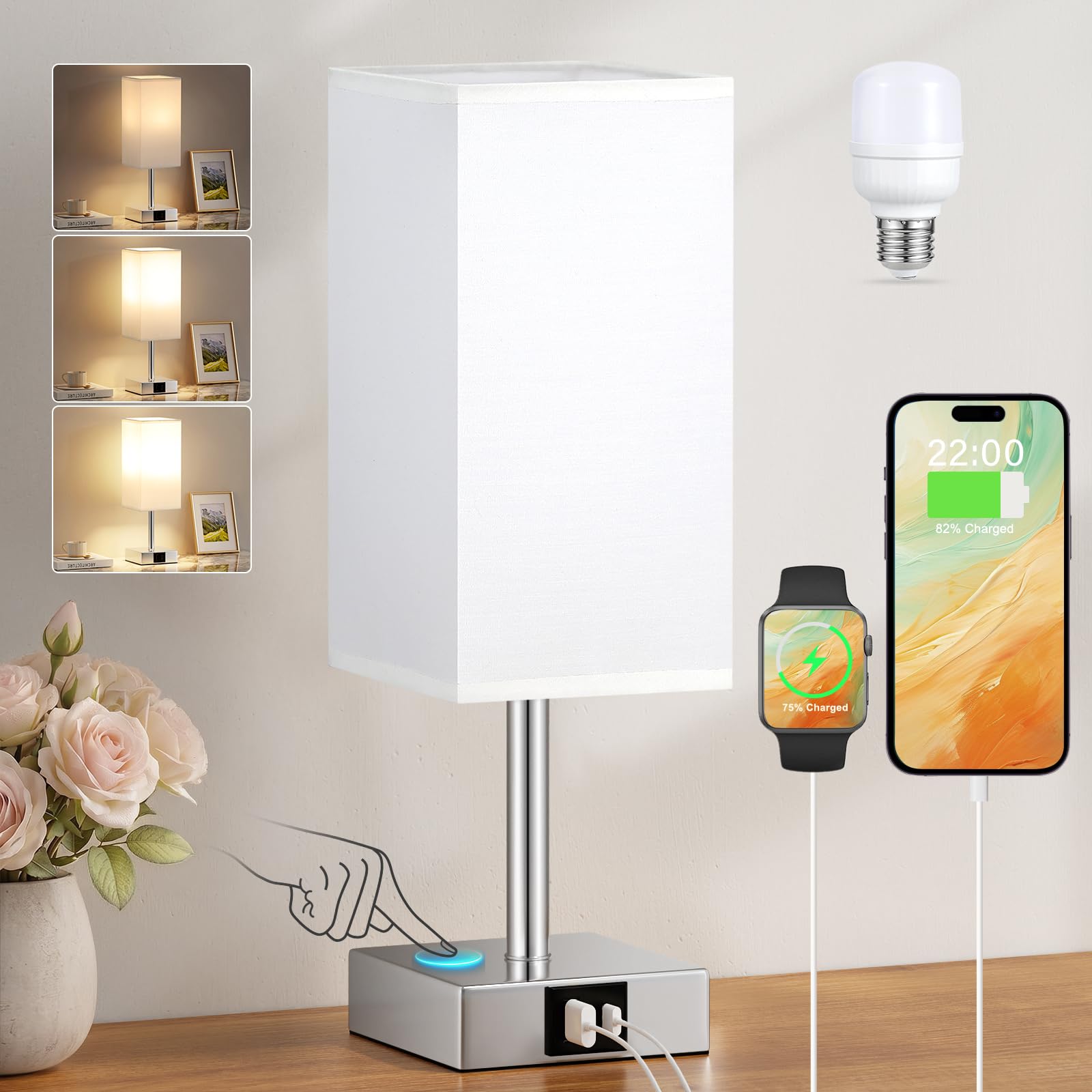 PreeOtti White Bedside Lamp, Touch Lamp for Bedroom/Living Room/Study, Silver Base(Bulb Included)