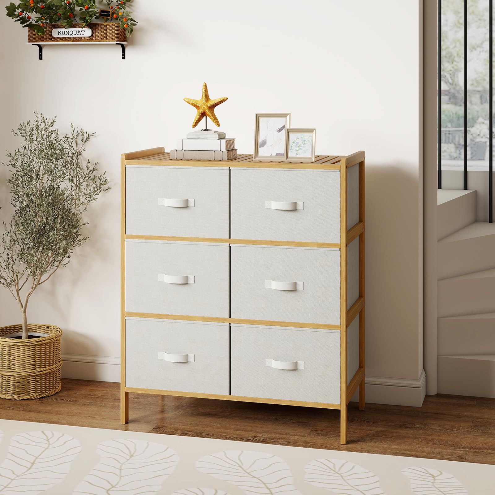 KOMFOTTEU Cassettiera con 6 cassetti pieghevoli in tessuto, cassettiera in bambù a 3 livelli, mobile organizer con dispositivo antiribaltamento, armadio di stoccaggio per camera da letto, soggiorno