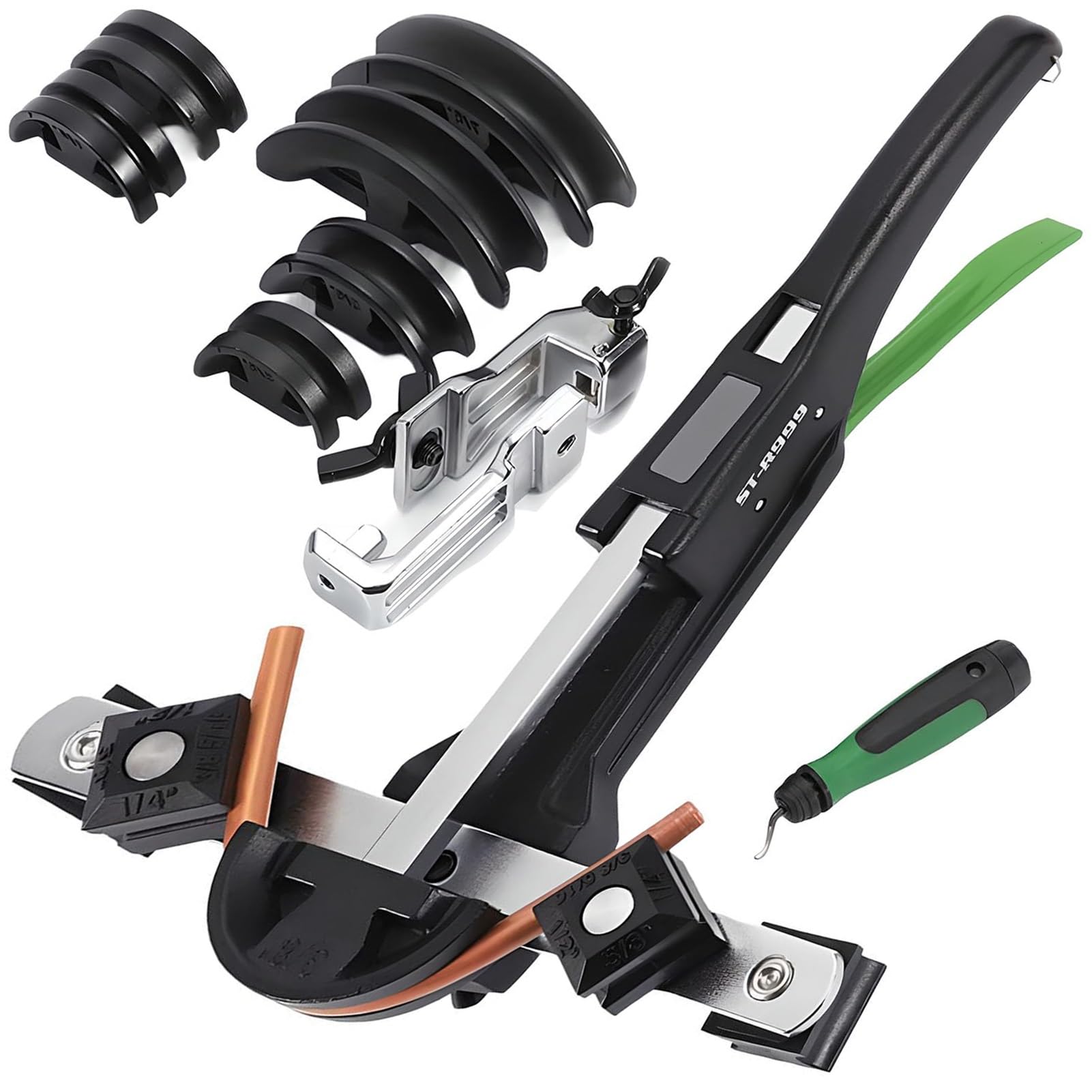 JXYQ Tubing Bender Kit, Manual Pipe Bender Tool Set with 7 Dies, 90° Ratchet Copper Bending Tool for HVAC, Refrigerator and Air Conditioner Repair