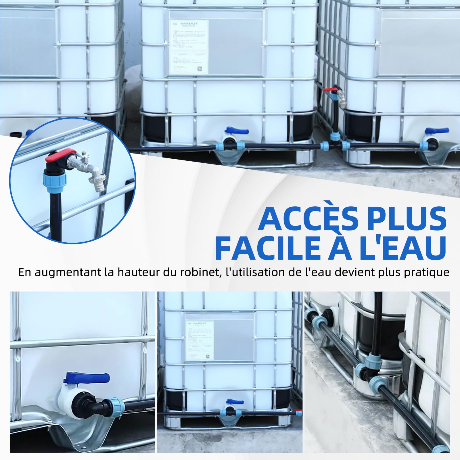 Kit de raccordement IBC pour 3 réservoirs IBC ou citernes d'eau de pluie, avec robinet col de cygne 3/4", sortie avec raccord de tuyau, idéal pour l'arrosage du jardin