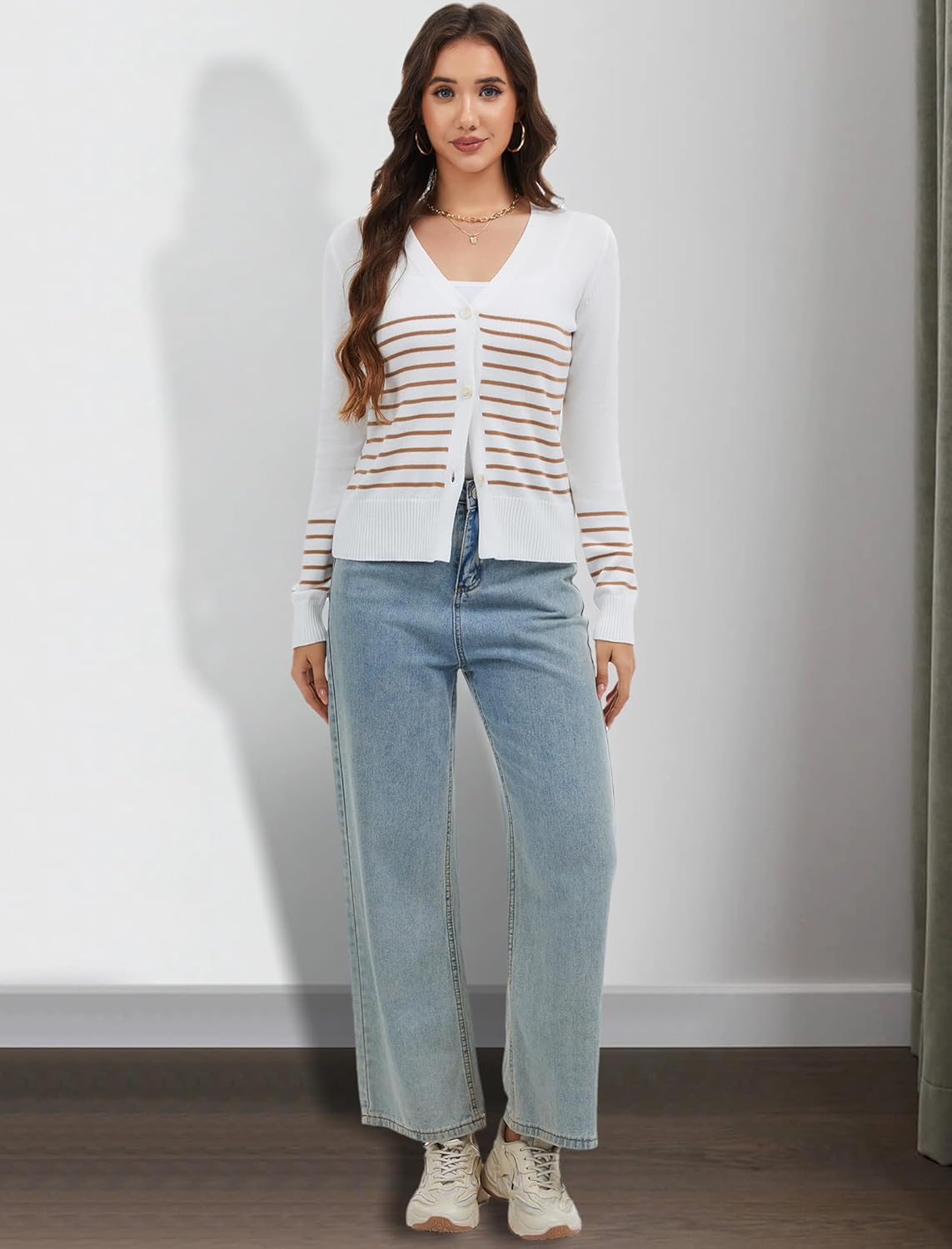 Women Striped Cardigan Sweaters Button Down V Neck Open Front Long Sleeve Knit Sweater Fall Trendy Lightweight Coat - Image 6