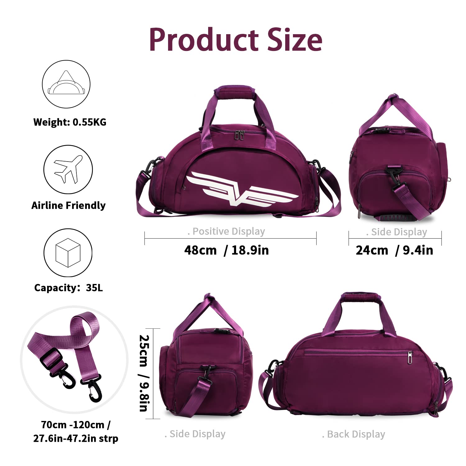 FIORETTO 30L Sports Gym Bag with Wet Pocket & Shoe Compartment, Sports Holdall Backpack for Men Women Violet - Image 4