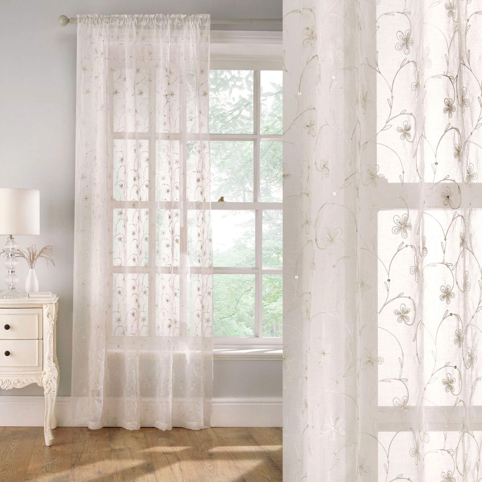 Tyrone Textiles Belle - Embroidered Floral Voile Panel Curtain on Linen Style Ground with Glittery Sequins (Cream, Drop - 90" (229cm))