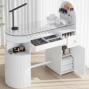 Manicure Table Nail Station with Tempered Glass Top, Professional Nail Tech Desk with Storage Cabinet & Drawer, Acetone Resistant, for Nail Beauty Salon Workstation(White)