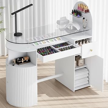 Manicure Table Nail Station with Tempered Glass Top, Professional Nail Tech Desk with Storage Cabinet & Drawer, Acetone Resistant, for Nail Beauty Salon WorkstationWhite