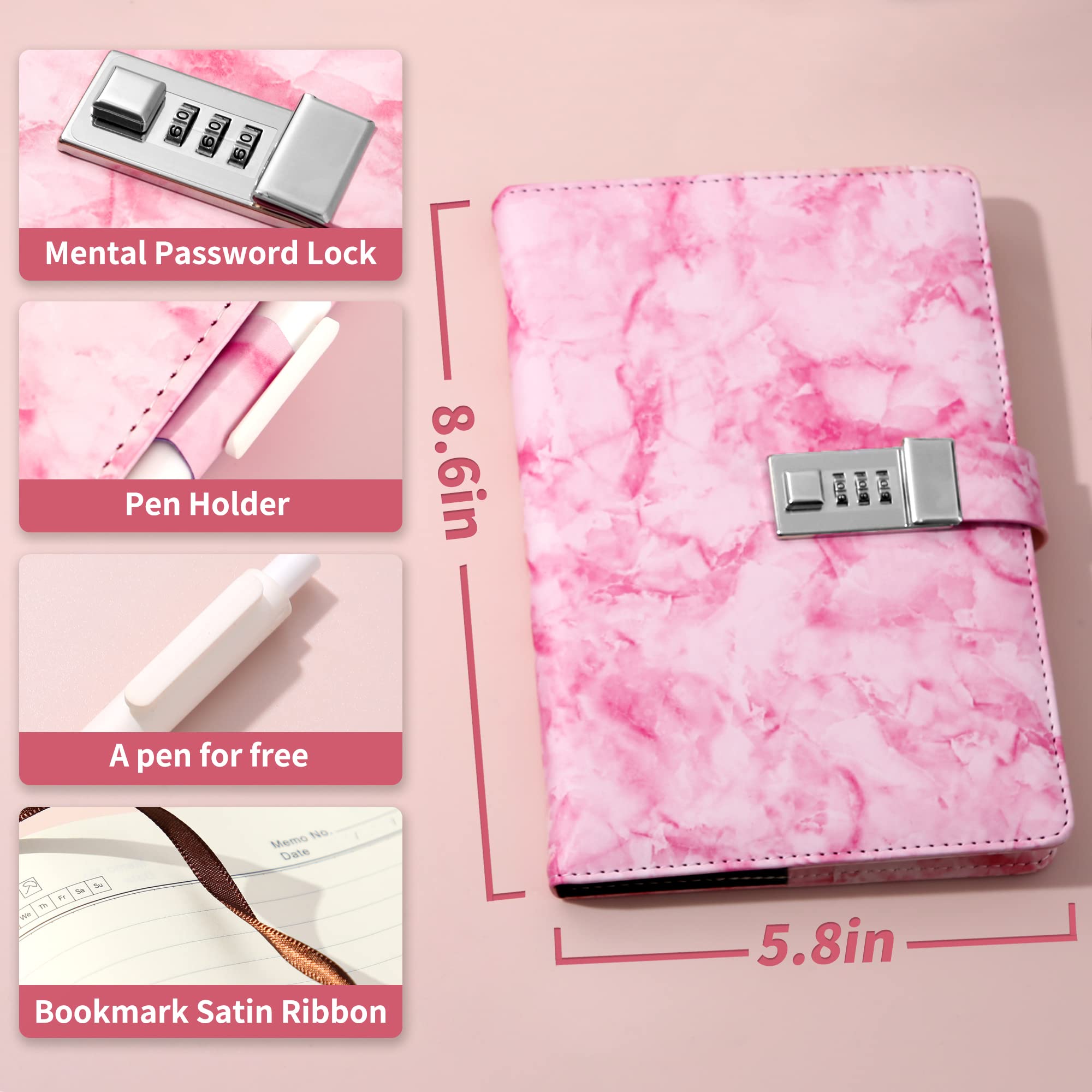 CAGIE Marble Diary with Lock for Girls and Women Waterproof Journal with Lock 192 Pages Secret Girls Locked Diary with Pen - Image 3