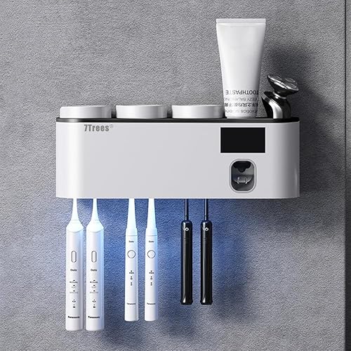 Soporte de limpieza para cepillos de dientes, soporte autoadhesivo para cepillos de dientes con 3 tazas, dispensador automático de pasta de dientes, Soporte de limpieza para cepillos de dientes, soporte autoadhesivo para cepillos de dientes con 3 tazas, dispensador automático de pasta de dientes,