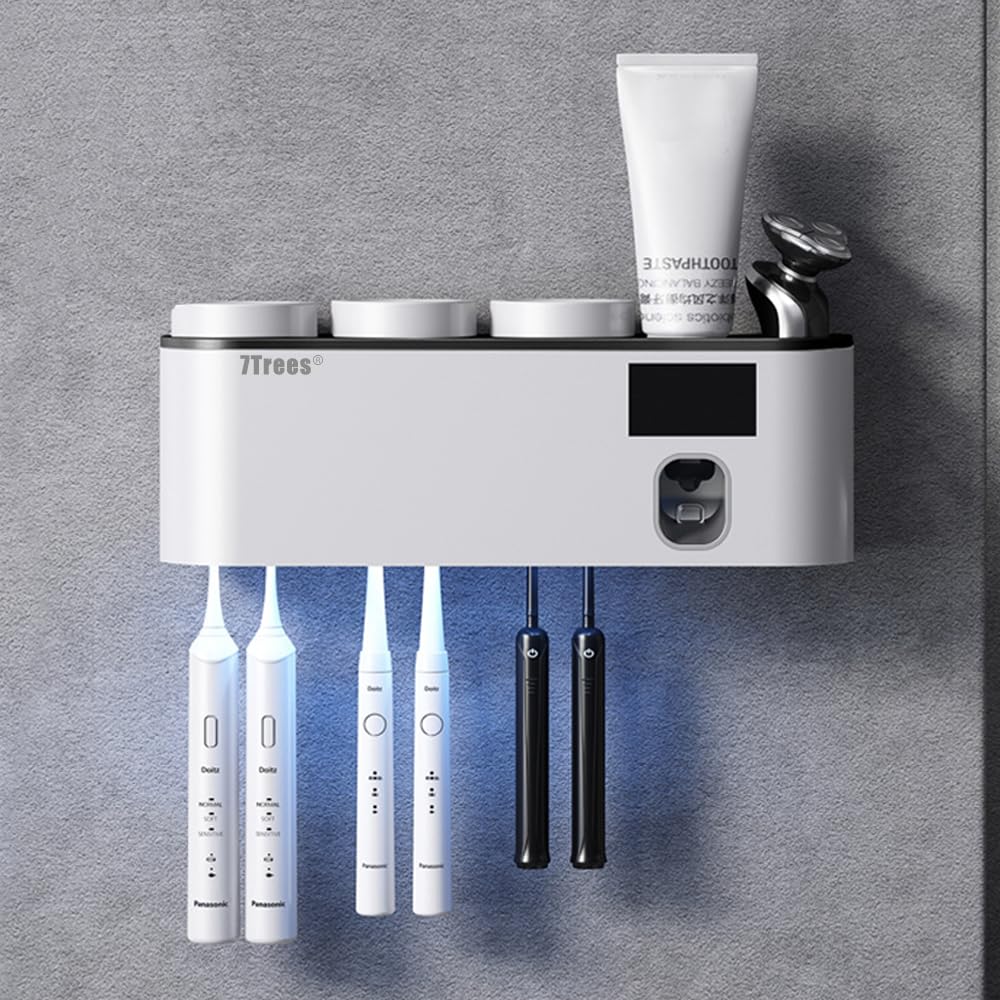 Porta spazzolino da denti autoadesivo con 3 tazze, dispenser automatico di dentifricio, accessori da bagno (bianco)