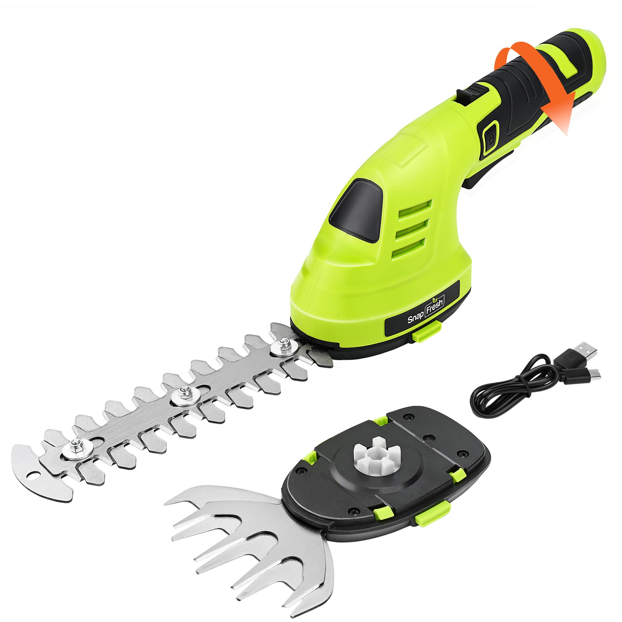 SnapFresh Mini Taille Haie sans Fil 8V Poignée Rotative Cisaille à Gazon avec Batterie 2 Lames CÂBLE USB-C 151mm 98mm