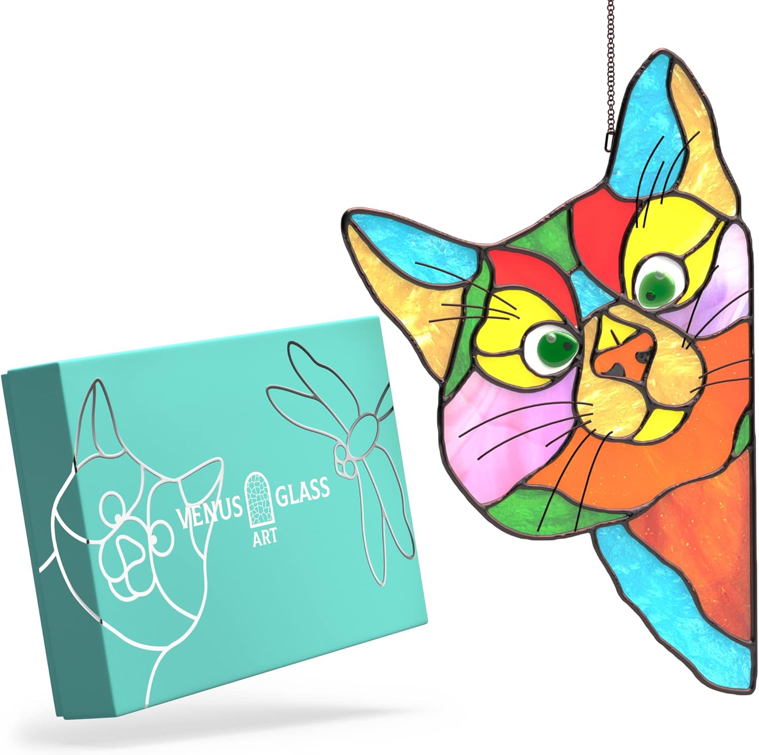 Stained Glass Window Hangings Suncatcher - Peeking Cat 8.9 x 5.5 Inch Premium Style Hanging Outdoor décor - suncatchers for Windows - Multicolored Right Corner