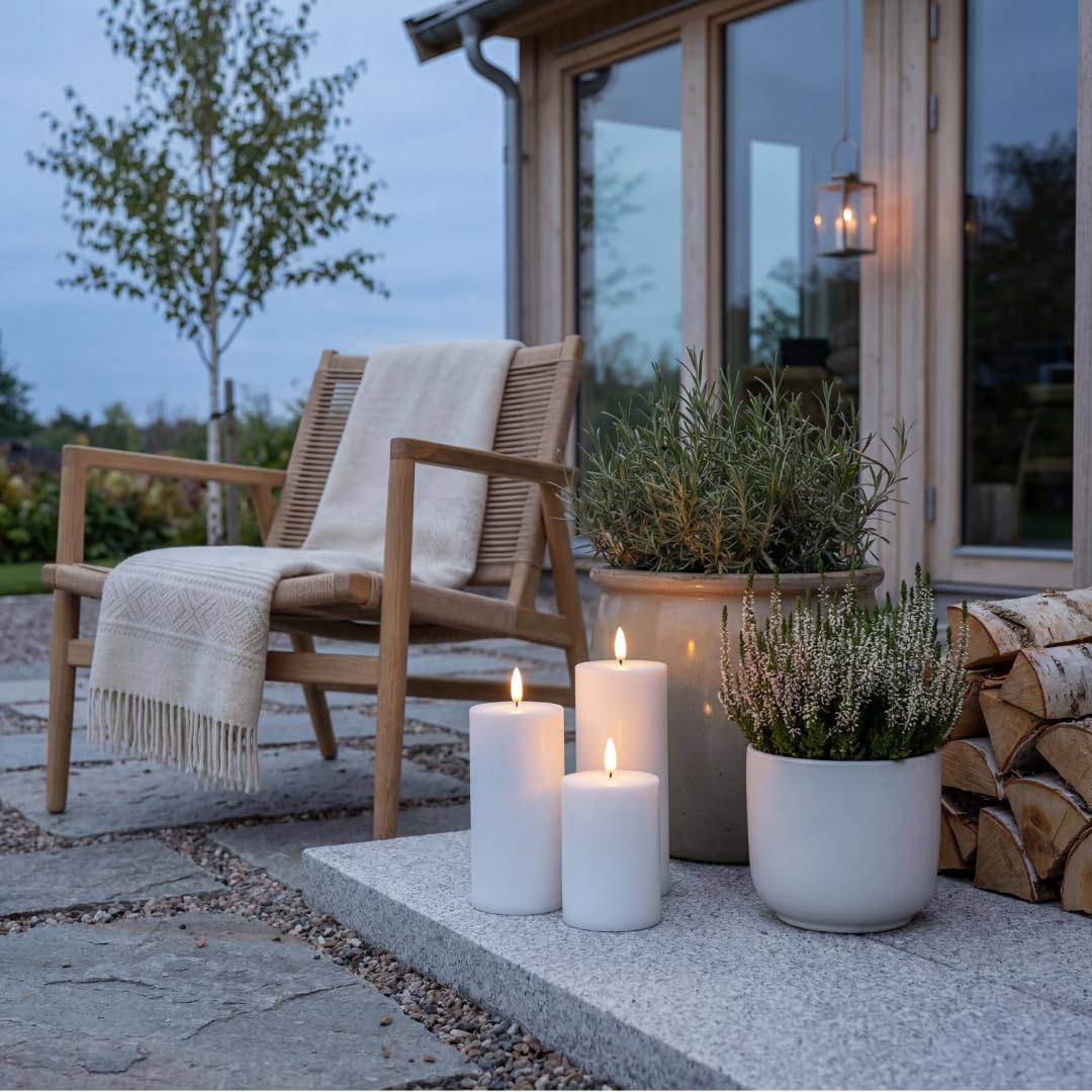 Solar LED Stumpenkerzen Outdoor 3er-Set – Flammenlose Kerzen mit Realistischer 3D-Flamme, IP44 Wetterfest, Versteckte Solarzellen, Bis zu 15h Leuchtdauer – 10/12,5/15 cm
