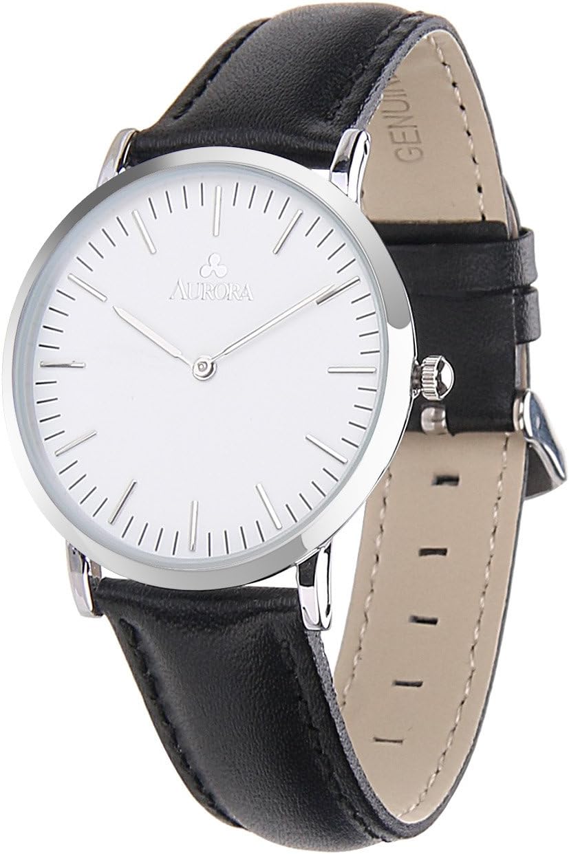 Aurora Men's Unique Casual Business Analog Quartz Waterproof Wrist Watch with Black Leather Band - Silver