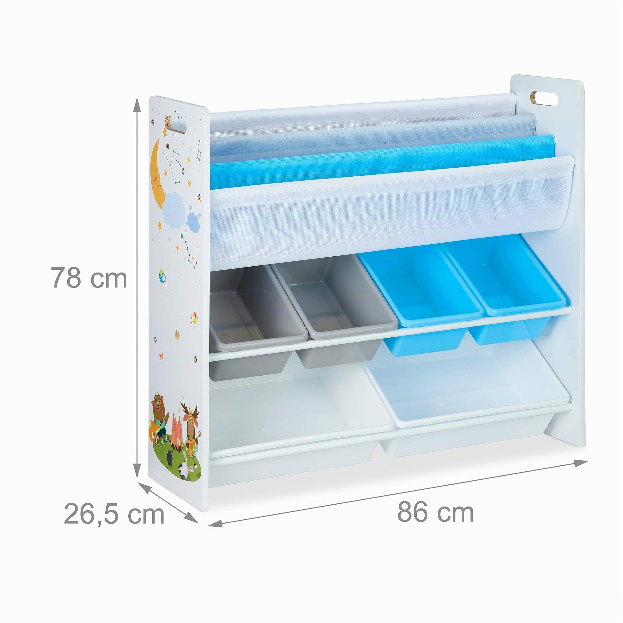 Relaxdays Estantería Infantil, 6 Cajas Plástico, 4 Estantes Tela, Mueble Juguetes Animales, 78x86x26,5 cm, Multicolor