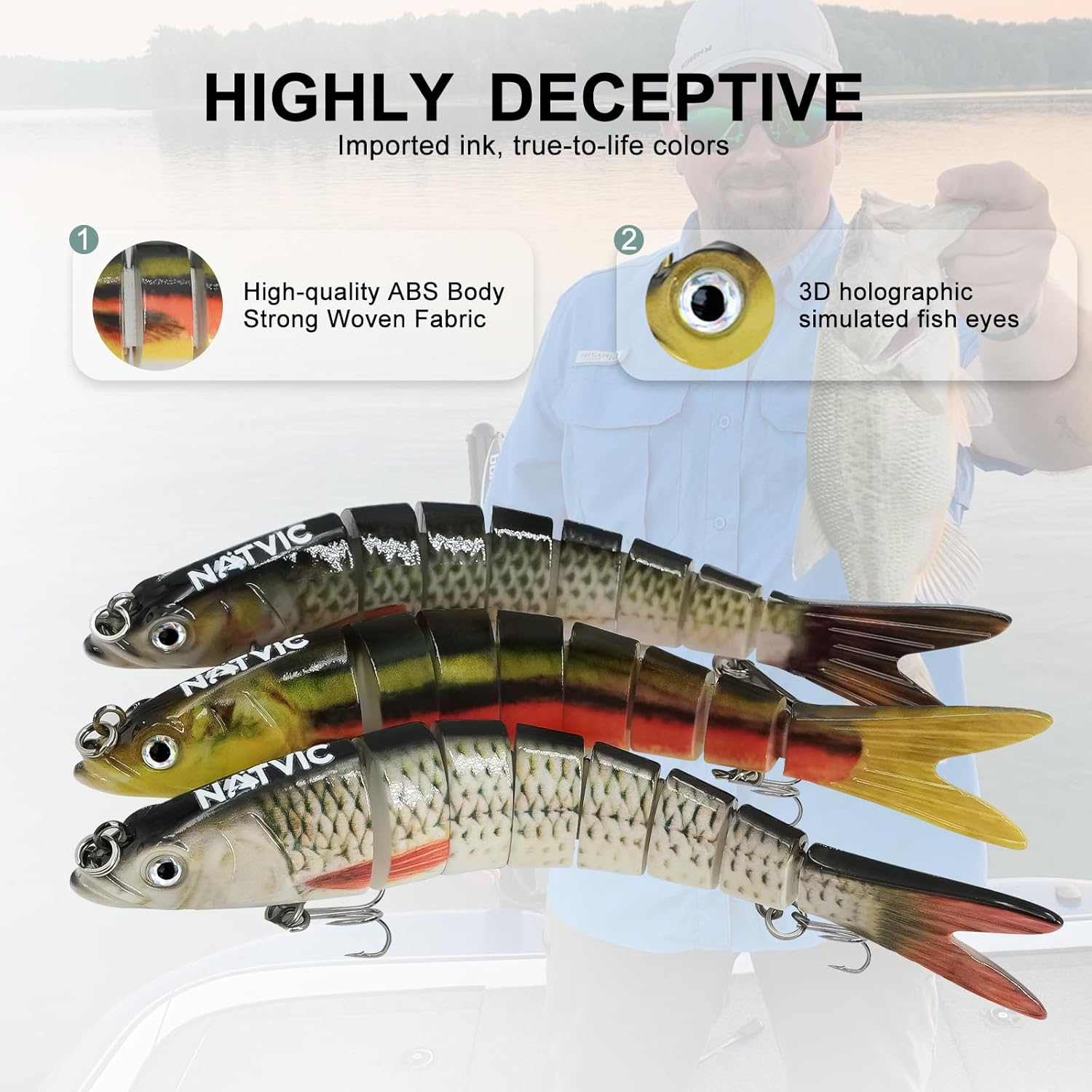 3D Lifelike Swimming Lures, Ideal for Bass, Pike, Walleye and Trout, Multi-Jointed Slow-Sinking Hard Baits with Treble Hooks, Freshwater & Saltwater Fishing Tackle (3-Pack) - Image 5