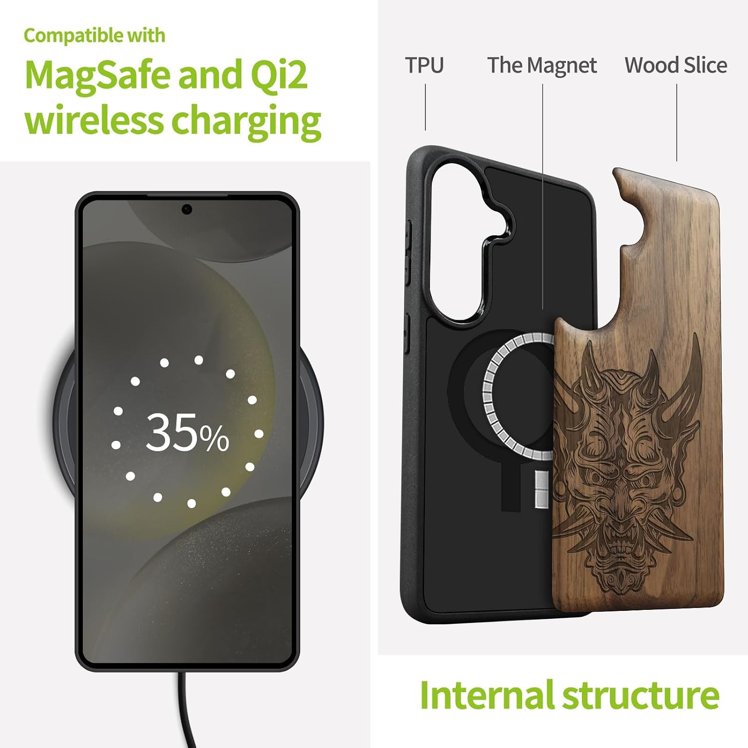 Carveit Magnetic Wooden Case for Samsung Galaxy S26 Case 2026, TPU Shockproof Cover & Wood Artisan Engraved, Compatible with MagSafe Wireless Chargers (Japanese Oni Mask) Walnut