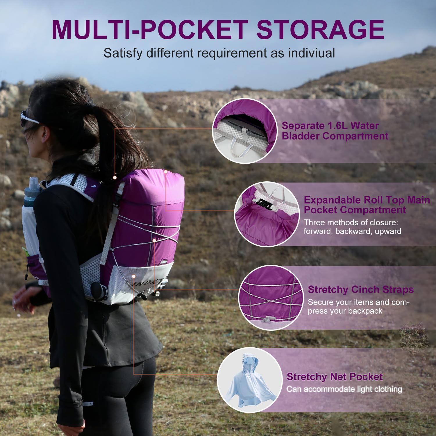 IX INOXTO Running Vest Hydration Backpack, Lightweight Running Backpack Hydration Pack with 1.6L Water Bladder Daypack for Trail Running Hiking Cycling Race Marathon for Women Men