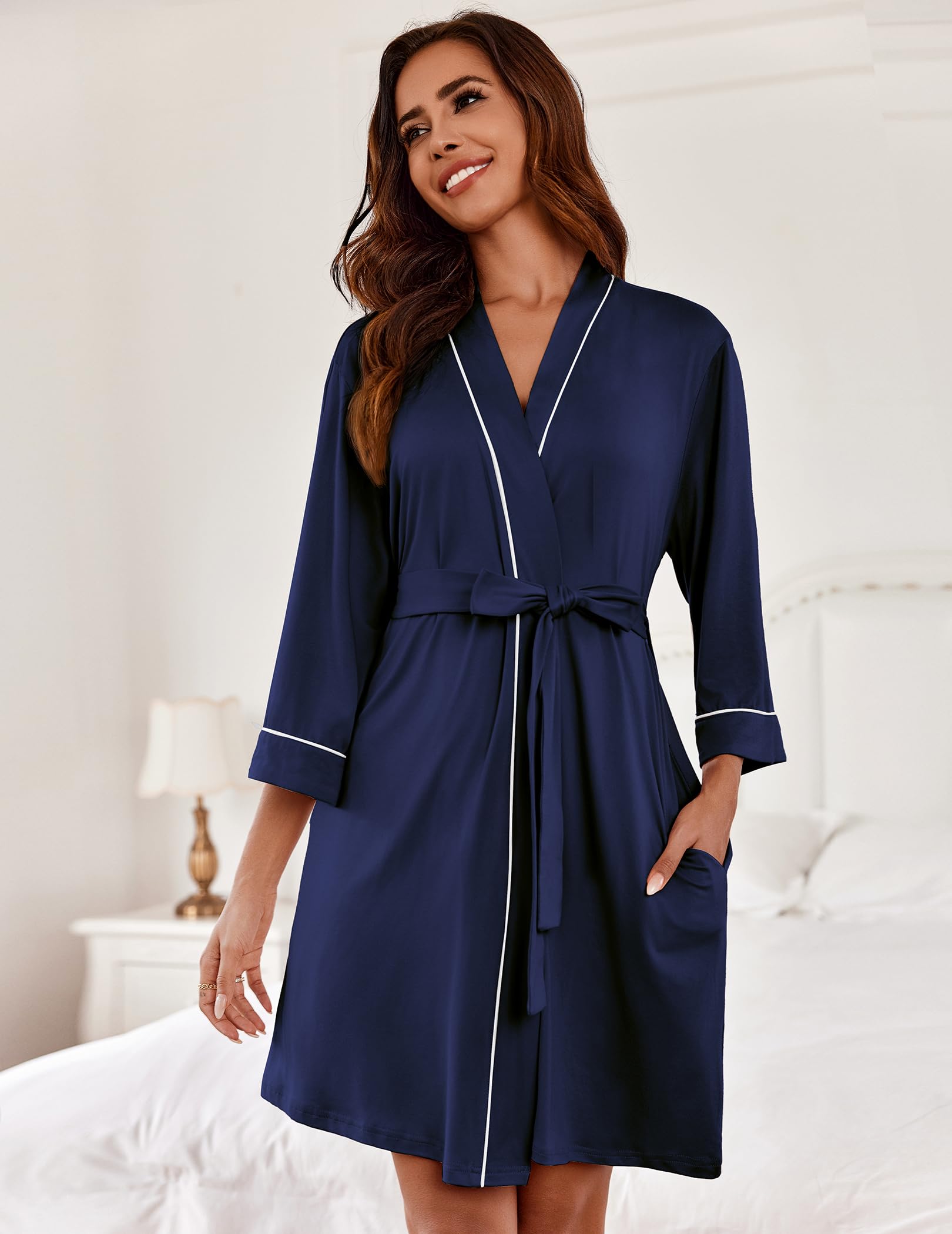 Ekouaer Damski lekki szlafrok poranny, krótki, miękki, z dzianiny, wygodny, z rękawami 3/4, z kieszeniami, S-XXL