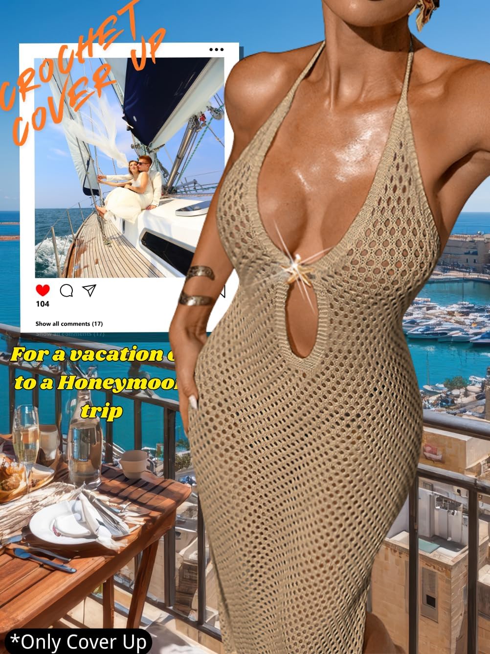 Kaei&Shi Crochet Maxi Dress,Starfish Deep Plunge Beach Cover Ups for Women Long,Sexy Resort Pool Party Vacation Outfits