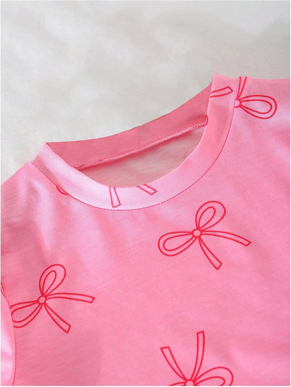 Verdusa Girl's 2 Piece Coquette Bow Outfits Short Sleeve T Shirts with Jean Shorts Comfy Set