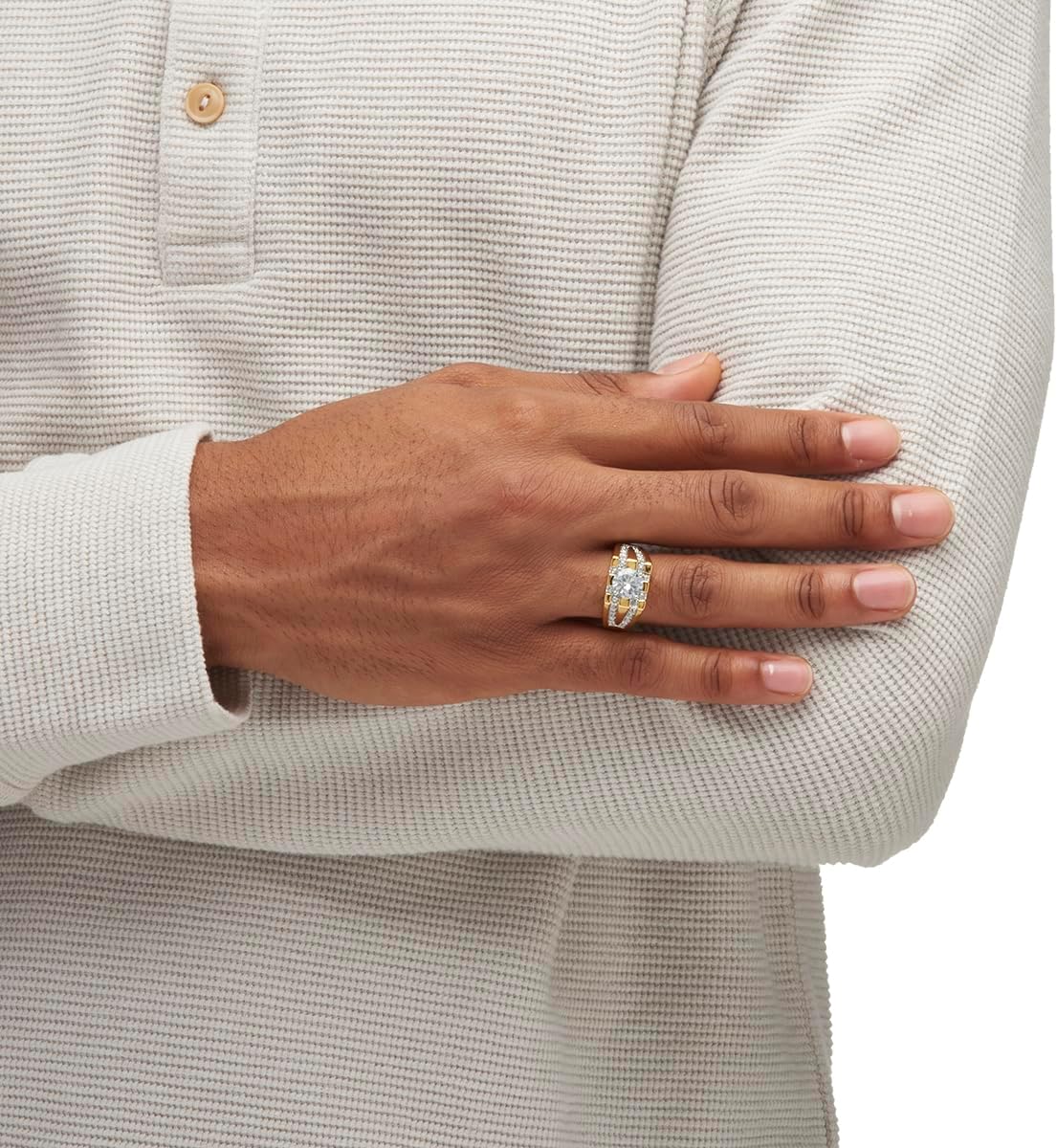 PalmBeach Men's Yellow Gold-Plated Round Cubic Zirconia and Round Simulated Crystal Grid Ring Sizes 8-13 - Image 4