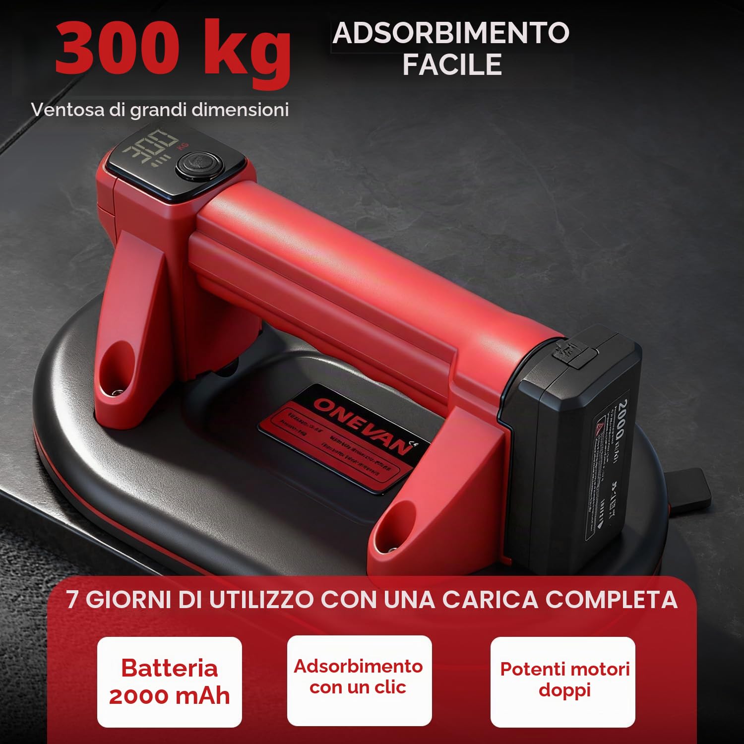 ONEVAN Sollevatore Elettrico a Batteria 300KG 4000mAh TYPE-C | Display LED a doppio strato, Batteria a lunga durata, Ricarica rapida, Per vetri, piastrelle e trasporto di materiali