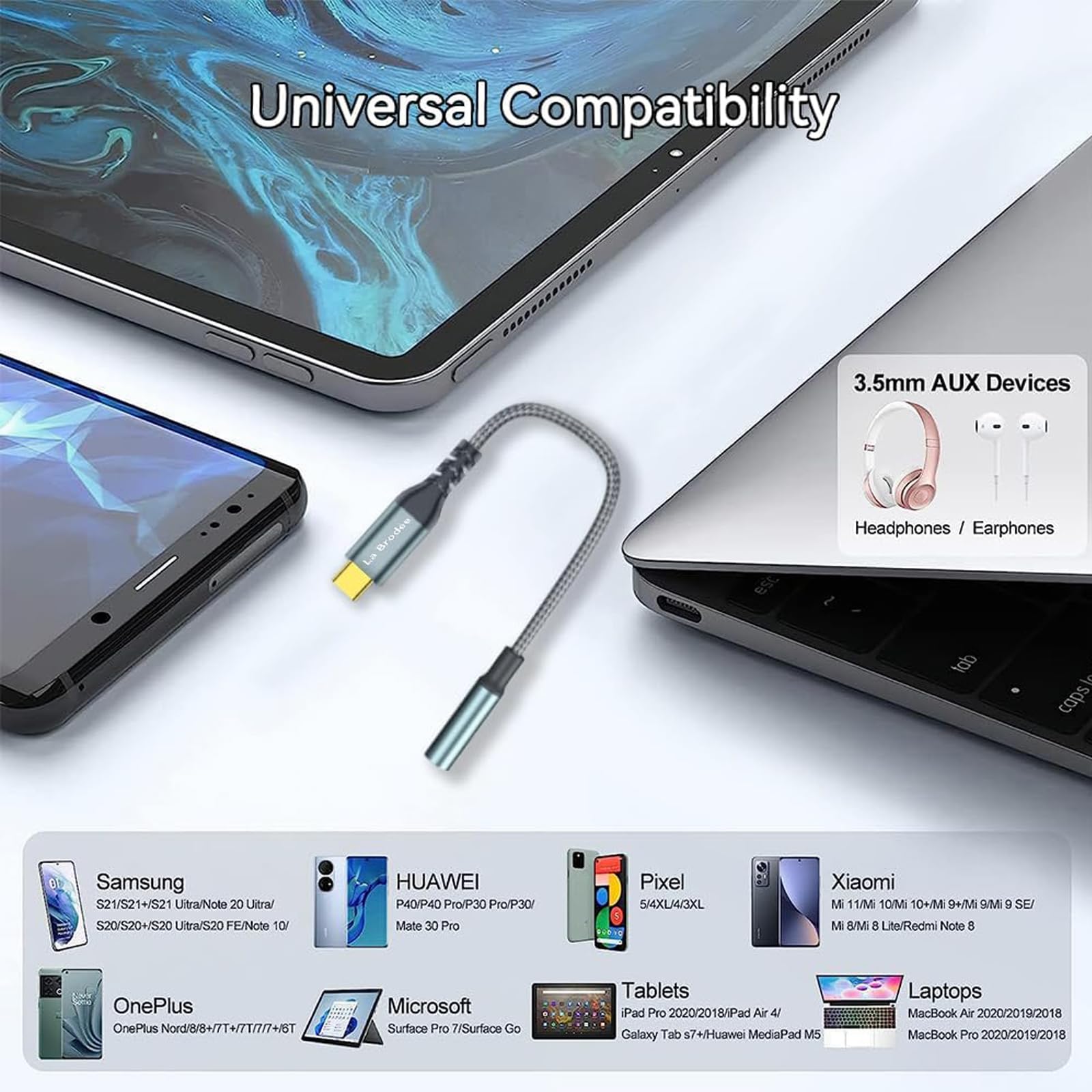 La Brodée Adattatore per cuffie da USB C a jack da 3,5 mm, confezione da 20 pezzi da tipo C a 3,5 mm, adattatore per cuffie Aux a USB C, compatibile con Galaxy Pixel, iPhone, i Pad Pro, Huawei, Xiaom
