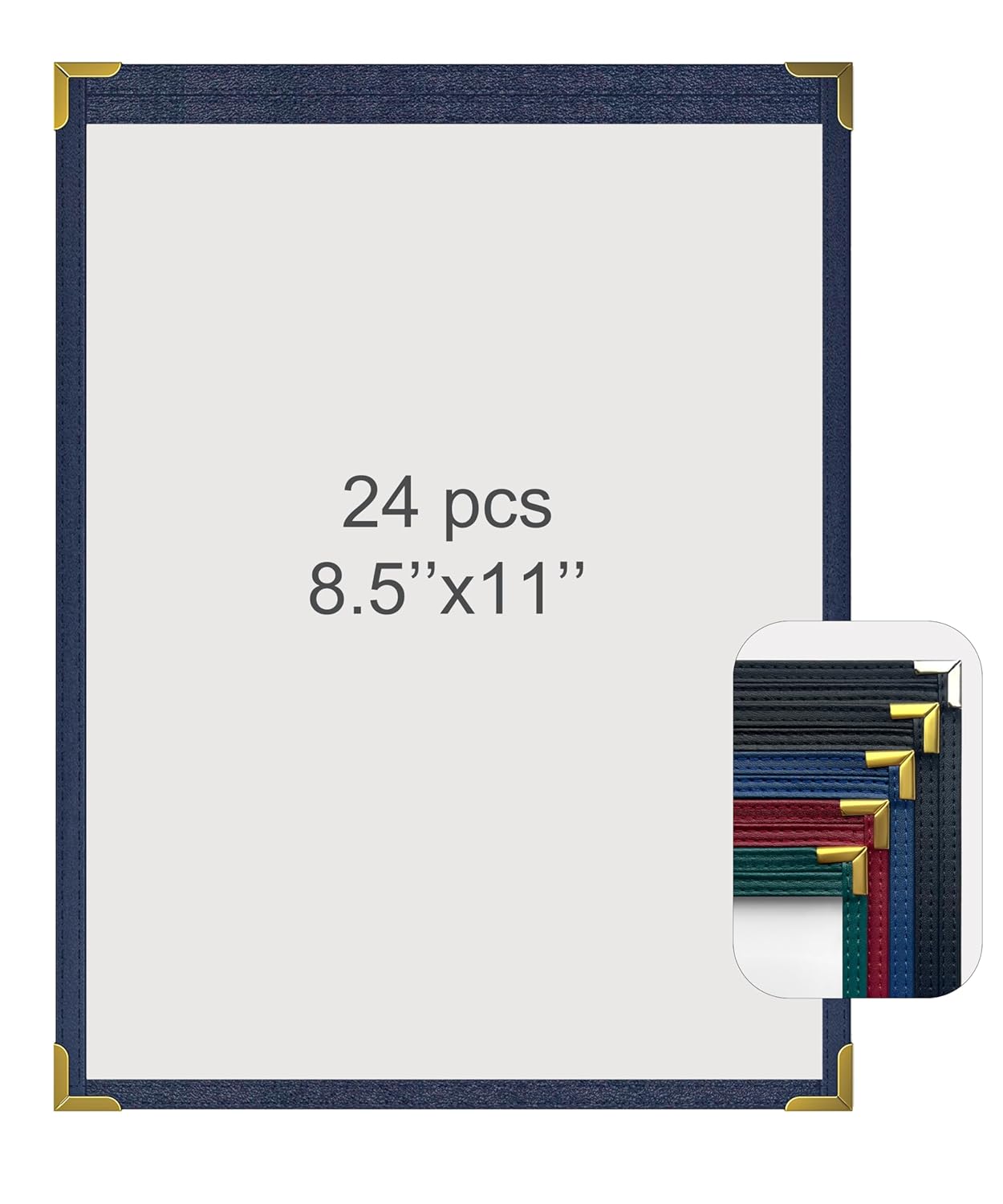 24 Pcs Blue Menu Covers, 8.5x11 Letter Size, 1 Page 2 View menu Holder, Toothed Metal Corners, Waterproof & Scratch-Resistant PVC Leatherette Menu Sleeves.Ideal Menu Book for Restaurants, Bars, Cafes