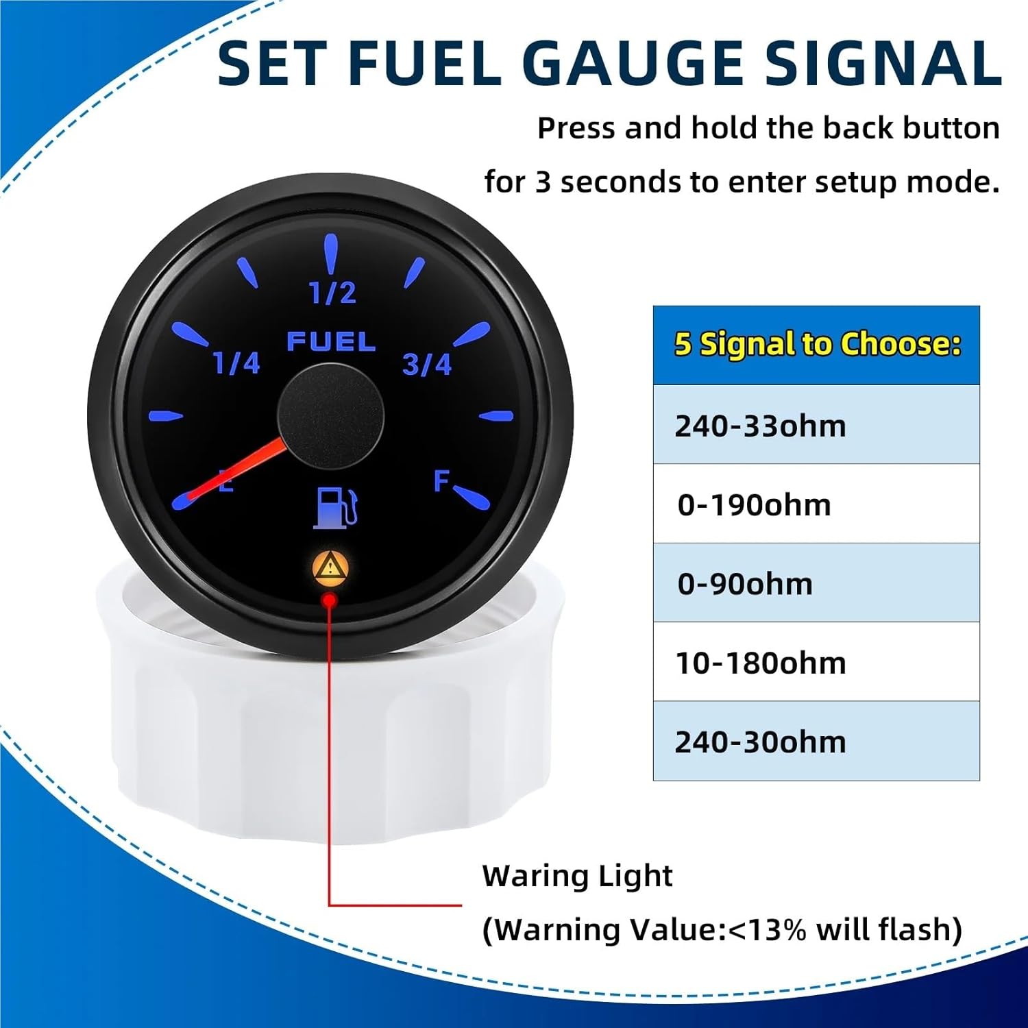 52mm Fuel Level Gauge with Flashing Alarm 0-190ohm 240-33ohm 10-180ohm 0-90ohm Car Oil Tank Gauge Meter 7 Colors LED(Orange)