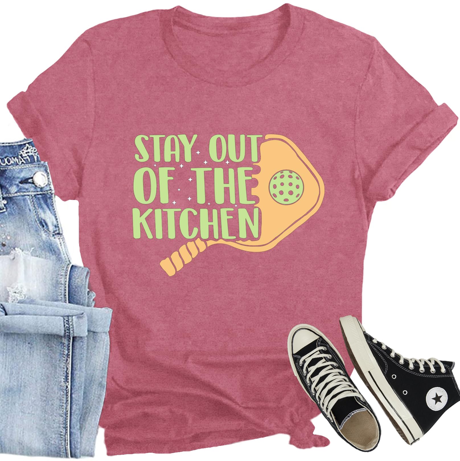 CQF Pickleball Shirts for Women Stay Out of The Kitchen Printed T-Shirt Funny Pickleball Player Lover Tee Tops