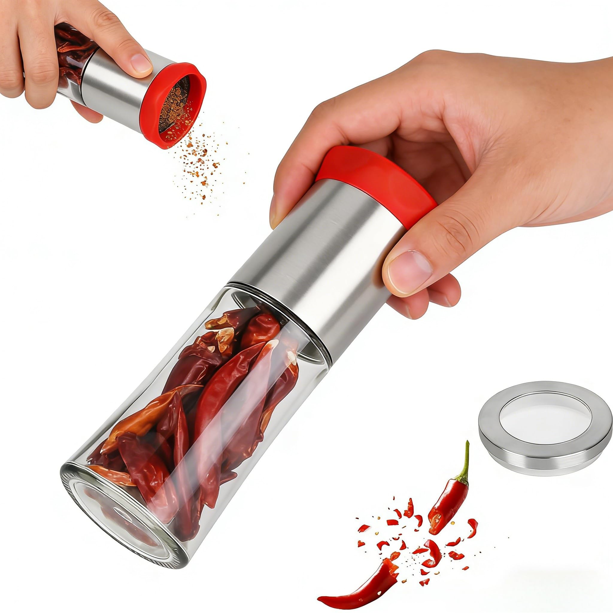 Molinillo de Guindillas con Cuchillas Acero Inox Molino Chiles Secos Regulable Triturador Especias Manual Depósito Vidrio Cortador Chiles No Se Atasca Antihumedad Anillo Silicona Roja Pimentero Mesa