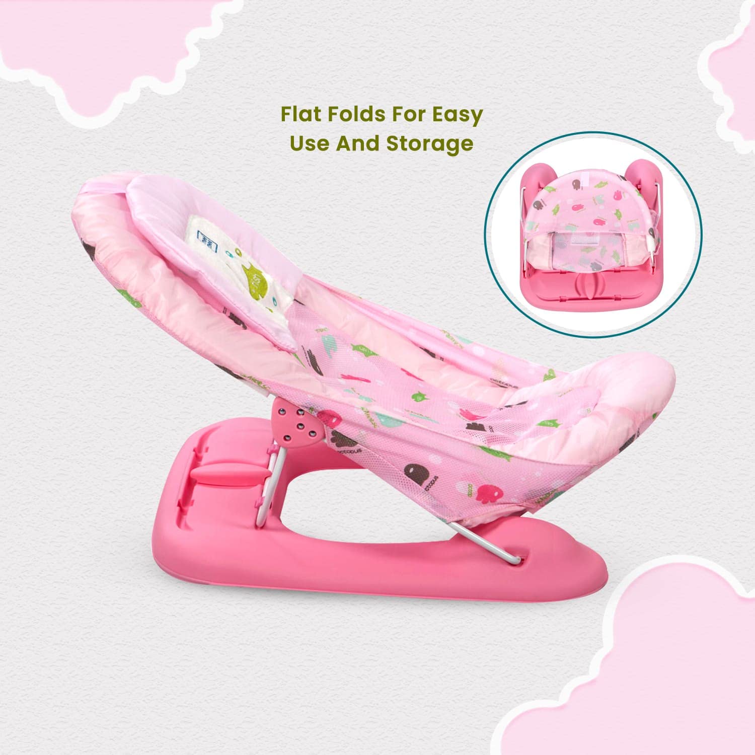 Mee Mee New Born Spacious Baby Bather Bath Chair For 0-12 Months | Easy Flat Folding, Washable Soft Mesh Large Seat And Foot Rest | 3 Position Adjustable Chair | Anti Skid Base | For Babies Upto 5 Kg (Pink) - Image 6 thumbnail