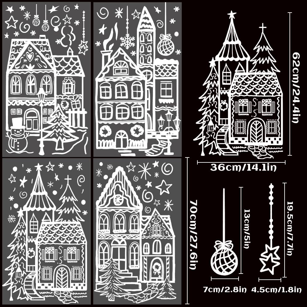 DIYDEC 4 Bögen große Weihnachts-Fensteraufkleber, weißes Haus, Schneemann, Schneeflocke, PVC, Winterlich, 40 x 70 cm, für Glas