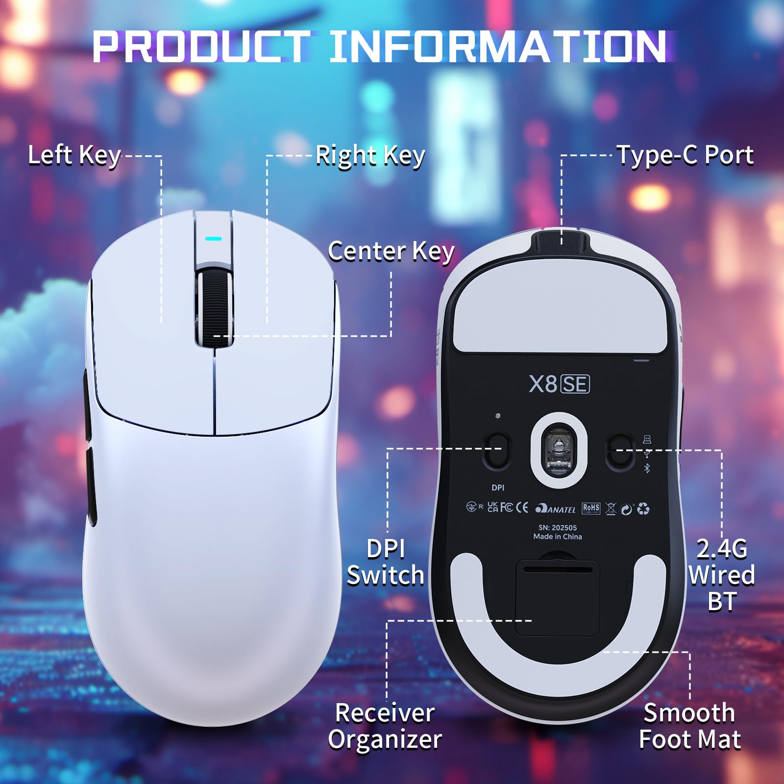 MAMBASNAKE X ATTACK SHARK X8SE 55g Souris gaming sans fil ultra-légère-Jusqu'à 25000DPI,capteur PAW3311,trimode BT/2,4G/USB-C,80 millions de clics,accélération 40G,500mAh,pilote web,pour Win/Mac-Blanc