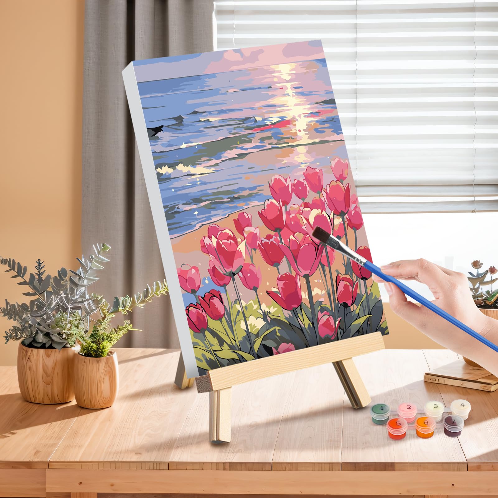 Paquete De 4 Pinturas Por Números Para Adultos, Lienzo Enmarcado, Kits De Pintura Por Números Para Adultos Con Caballete, Acrílico Fácil De Pintar Por Números Para Principiantes, Florero De Flores